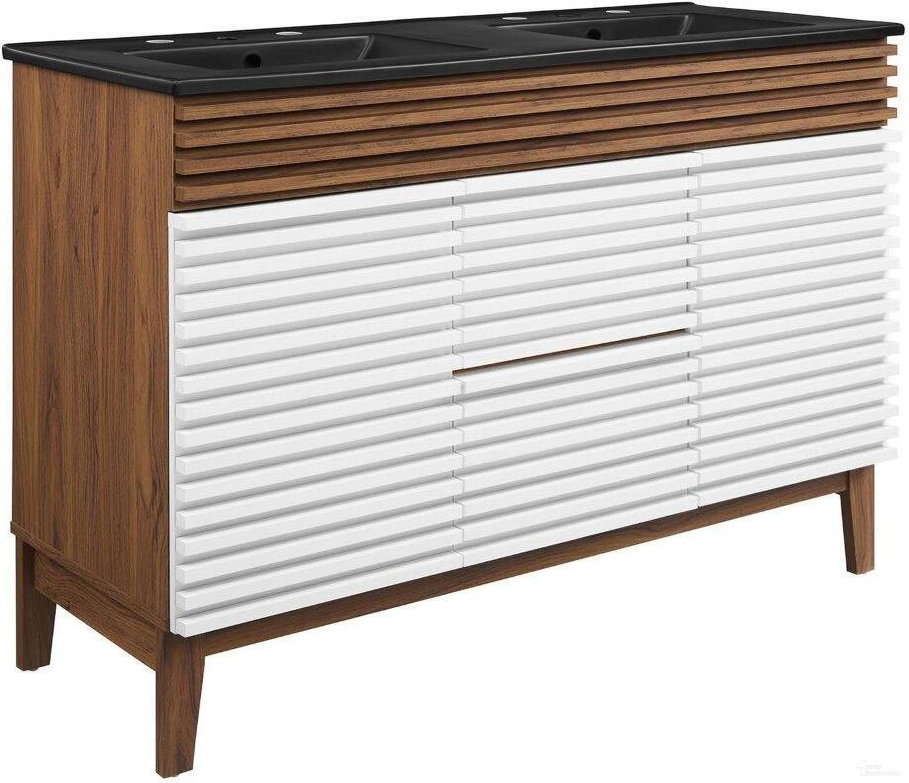 The appearance of Render 48 Inch Double Sink Bathroom Vanity In White Walnut Black designed by Modway in the transitional interior design. This walnut and white piece of furniture was selected by 1StopBedrooms from Render Collection to add a touch of cosiness and style into your home. Sku: EEI-4342-WHI-WAL-1;EEI-4342-WHI-WAL-2;EEI-5073-BLK. Material: Ceramic.