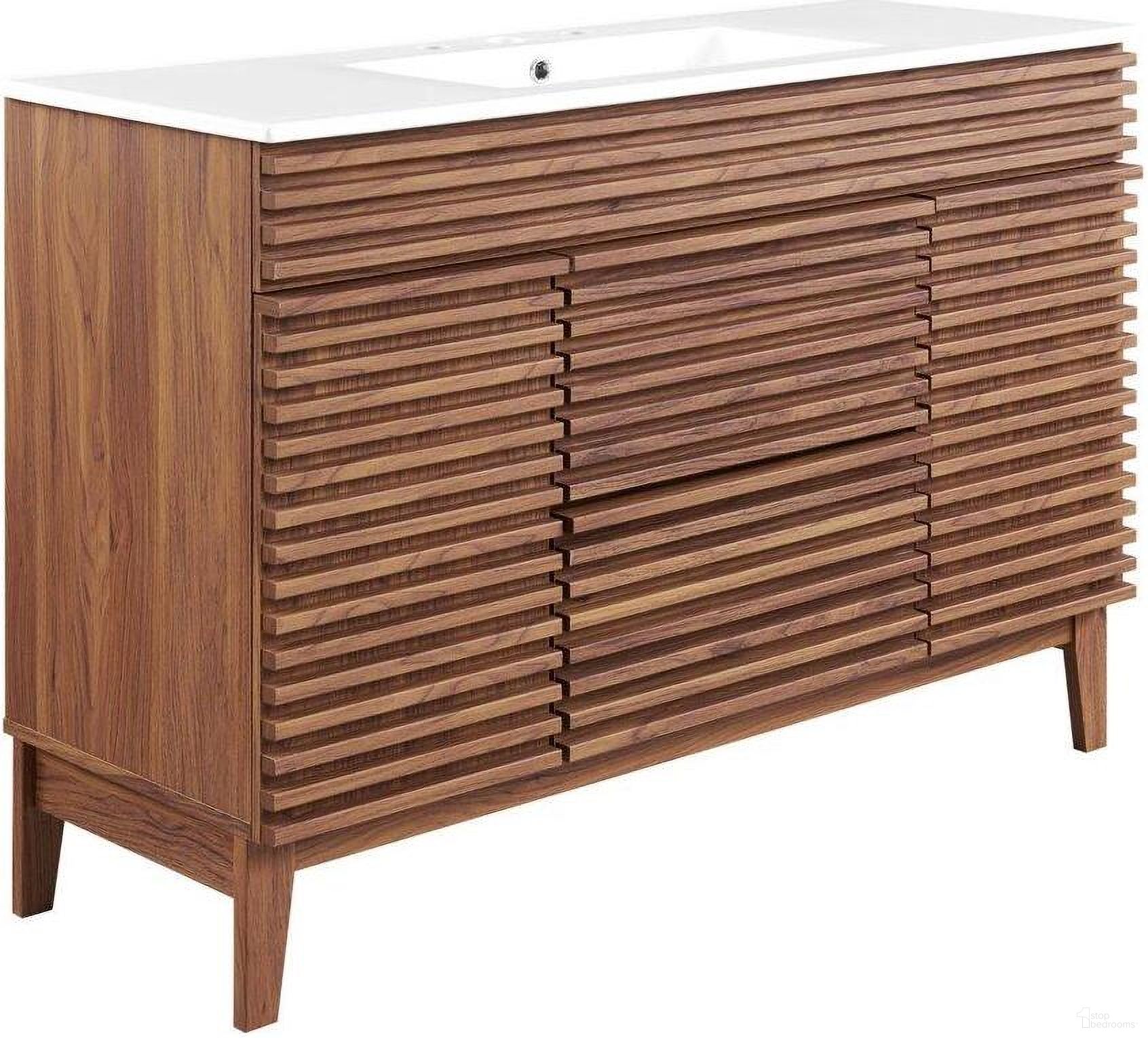 The appearance of Render 48 Inch Single Sink Bathroom Vanity In Walnut/White designed by Modway in the modern / contemporary interior design. This walnut white piece of furniture was selected by 1StopBedrooms from Render Collection to add a touch of cosiness and style into your home. Sku: EEI-4341-WAL-1;EEI-4341-WAL-2;EEI-4375-WHI. Material: Ceramic.