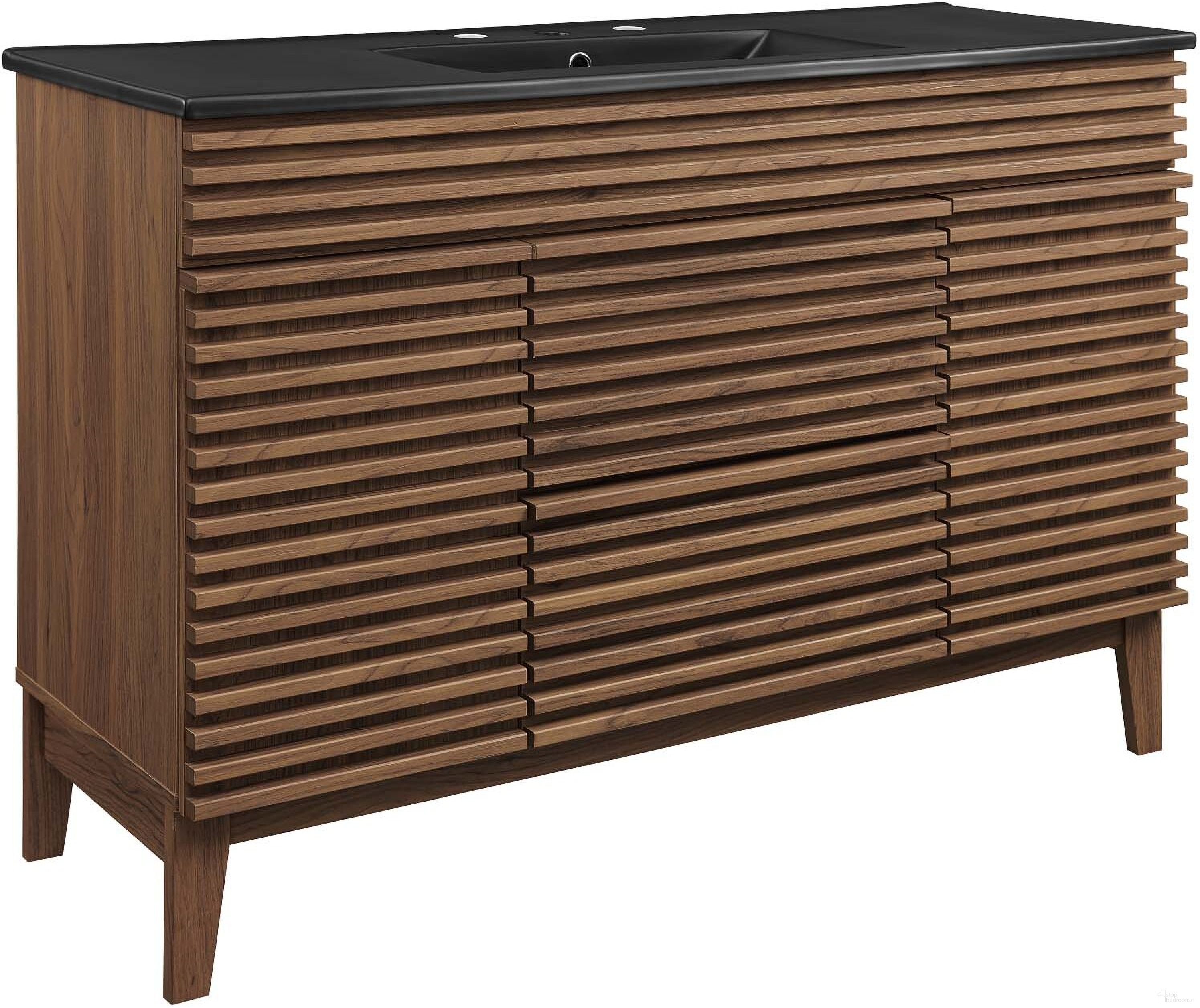 The appearance of Render 48 Inch Single Sink Bathroom Vanity In Walnut/Black designed by Modway in the modern / contemporary interior design. This walnut black piece of furniture was selected by 1StopBedrooms from Render Collection to add a touch of cosiness and style into your home. Sku: EEI-4341-WAL-1;EEI-4341-WAL-2;EEI-5072-BLK. Material: Ceramic.