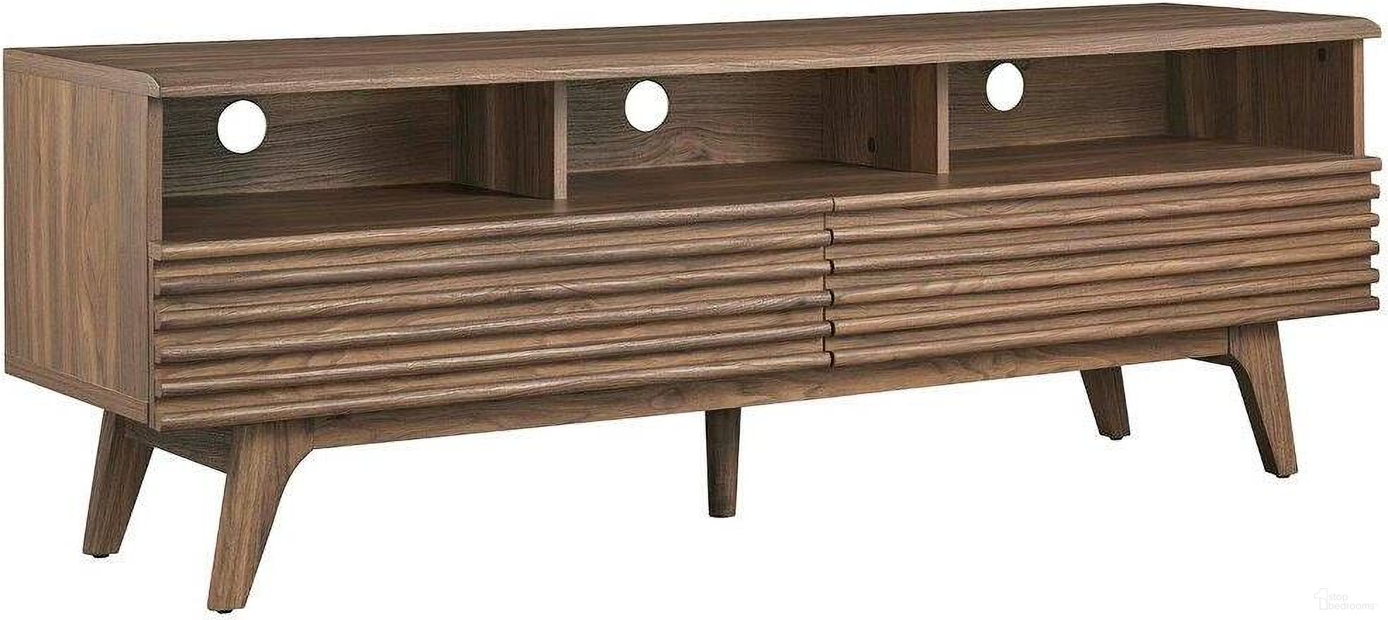 The appearance of Render 60 Inch TV Stand In Walnut designed by Modway in the transitional interior design. This walnut piece of furniture was selected by 1StopBedrooms from Render Collection to add a touch of cosiness and style into your home. Sku: EEI-6228-WAL. Material: Wood.