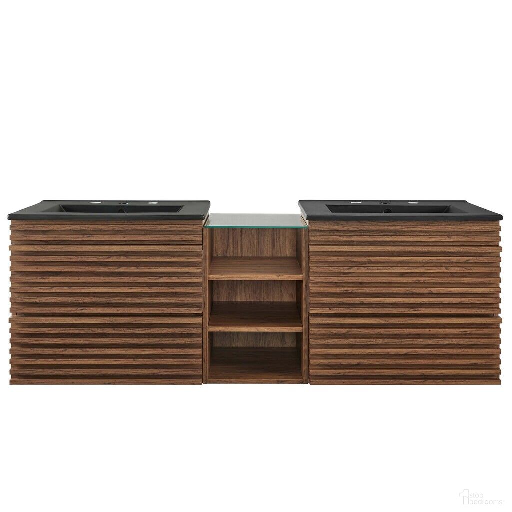The appearance of Render 62 Inch Wall-Mount Double Sink Bathroom Vanity In Walnut Black designed by Modway in the modern / contemporary interior design. This walnut black piece of furniture was selected by 1StopBedrooms from Render Collection to add a touch of cosiness and style into your home. Sku: EEI-4338-WAL;EEI-5069-BLK;EEI-6854-WAL;EEI-4338-WAL;EEI-5069-BLK. Material: MDF.