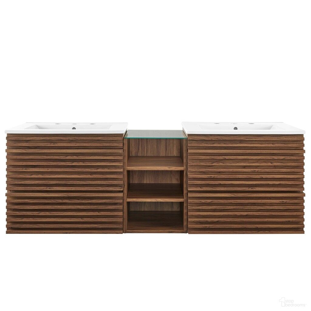 The appearance of Render 62 Inch Wall-Mount Double Sink Bathroom Vanity In Walnut White designed by Modway in the modern / contemporary interior design. This walnut white piece of furniture was selected by 1StopBedrooms from Render Collection to add a touch of cosiness and style into your home. Sku: EEI-3766-WHI;EEI-4338-WAL;EEI-6854-WAL;EEI-3766-WHI;EEI-4338-WAL. Material: MDF.