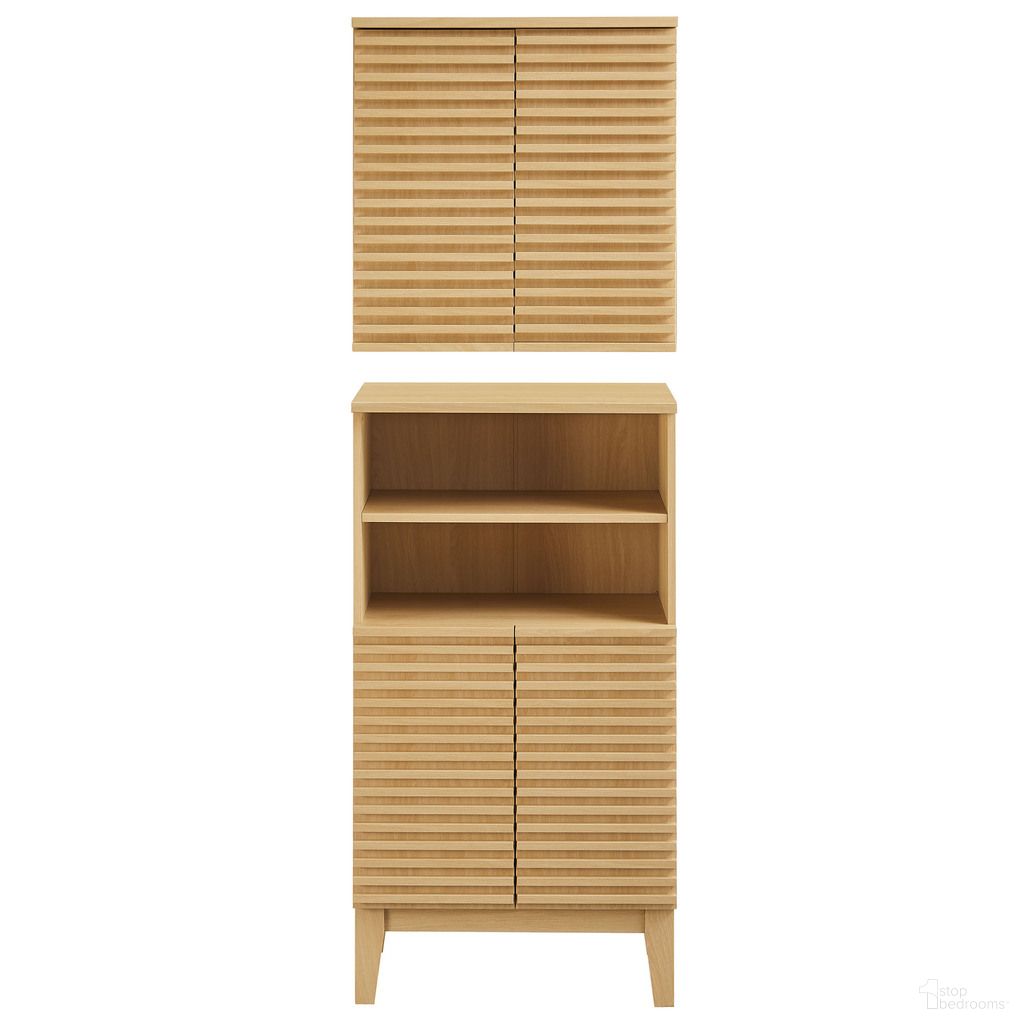 The appearance of Render Bathroom Cabinet Set In Oak designed by Modway in the modern / contemporary interior design. This oak piece of furniture was selected by 1StopBedrooms from Render Collection to add a touch of cosiness and style into your home. Sku: EEI-7438-OAK;EEI-7439-OAK. Material: Engineered Wood.