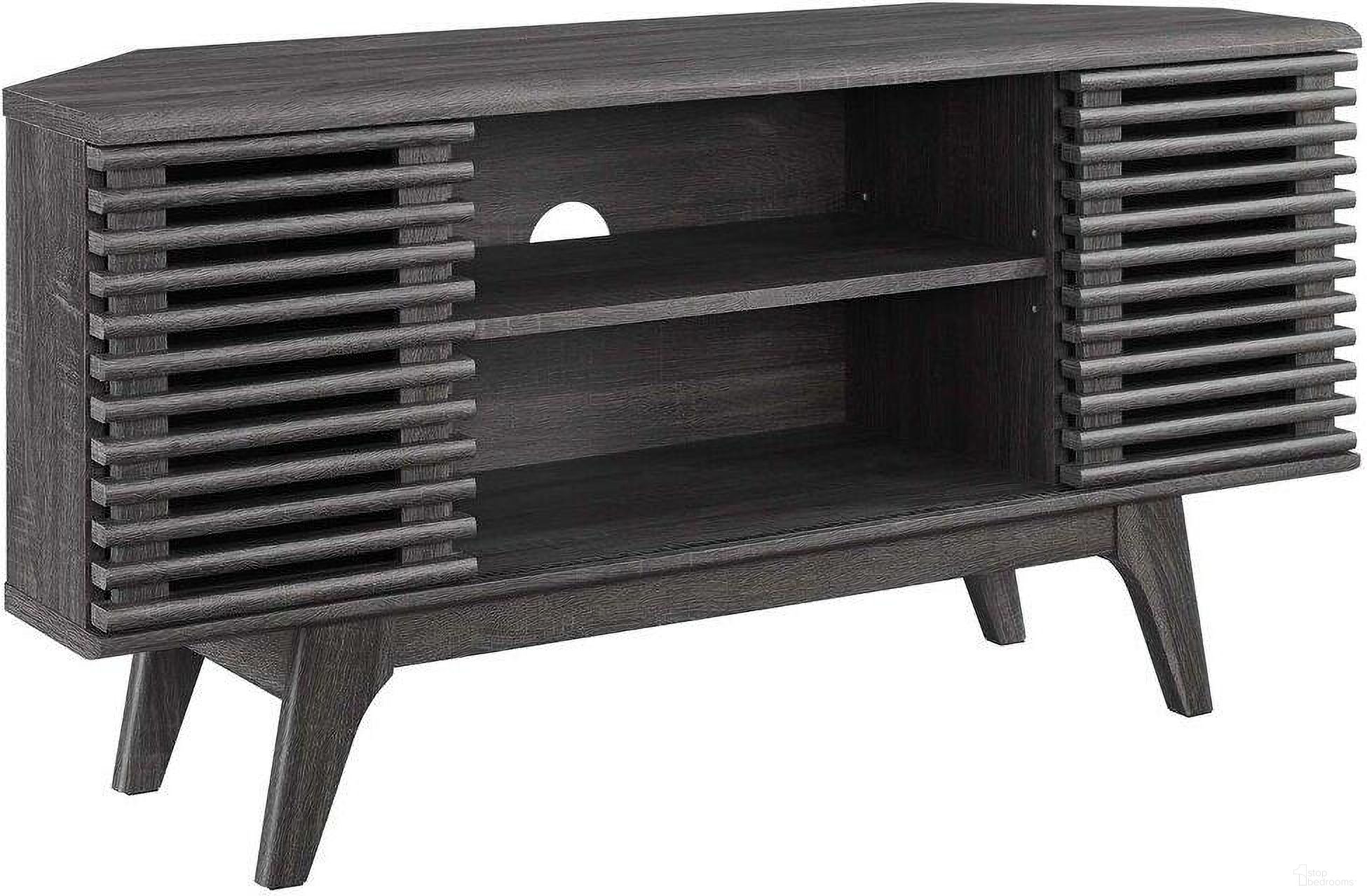 The appearance of Render Charcoal 46 Inch Corner TV Stand designed by Modway in the modern / contemporary interior design. This charcoal piece of furniture  was selected by 1StopBedrooms from Render Collection to add a touch of cosiness and style into your home. Sku: EEI-6157-CHA. Material: MDF.