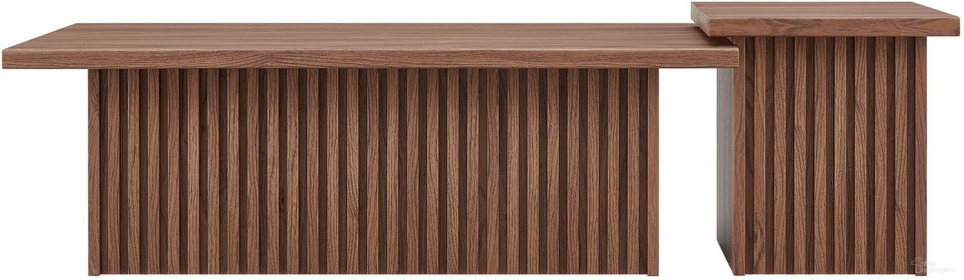 The appearance of Render Nesting Coffee Tables Set of 2 In Walnut designed by Modway in the transitional interior design. This walnut piece of furniture  was selected by 1StopBedrooms from Render Collection to add a touch of cosiness and style into your home. Sku: EEI-6970-WAL. Material: MDF.