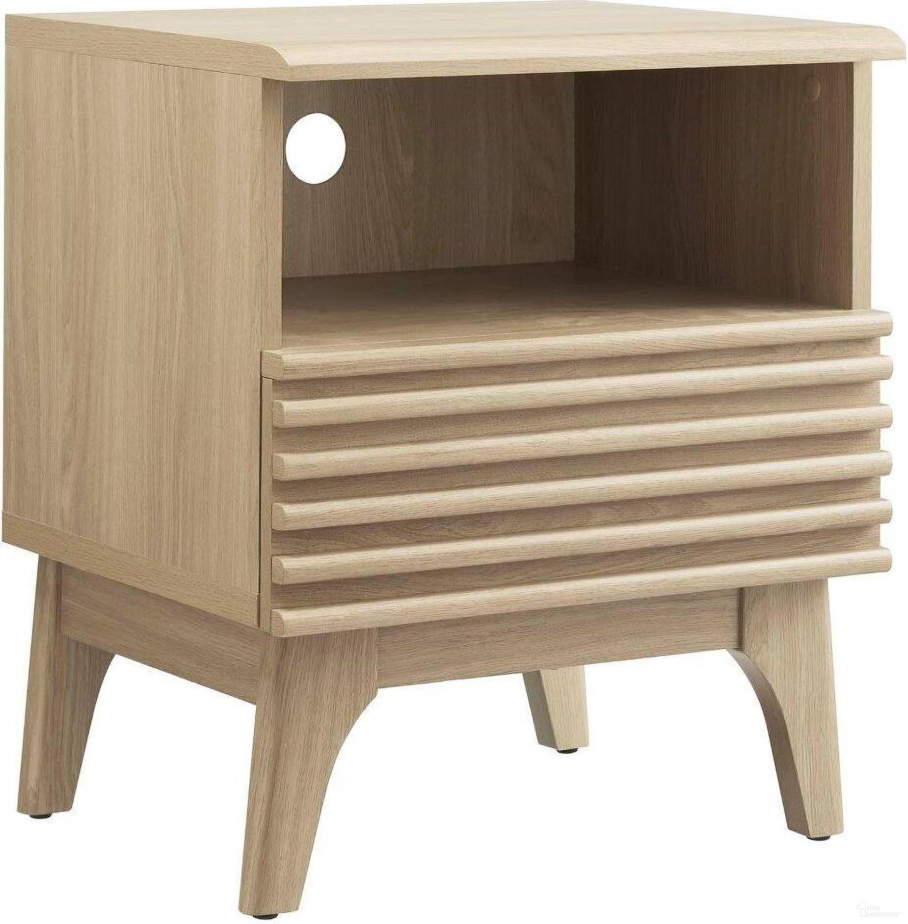 The appearance of Render Nightstand In Oak MOD-7070-OAK designed by Modway in the transitional interior design. This oak piece of furniture  was selected by 1StopBedrooms from Render Collection to add a touch of cosiness and style into your home. Sku: MOD-7070-OAK. Material: MDF.