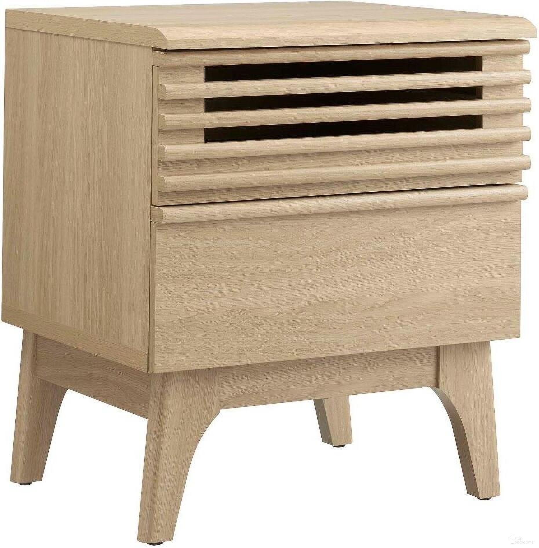 The appearance of Render Nightstand In Oak MOD-7071-OAK designed by Modway in the transitional interior design. This oak piece of furniture  was selected by 1StopBedrooms from Render Collection to add a touch of cosiness and style into your home. Sku: MOD-7071-OAK. Material: MDF.