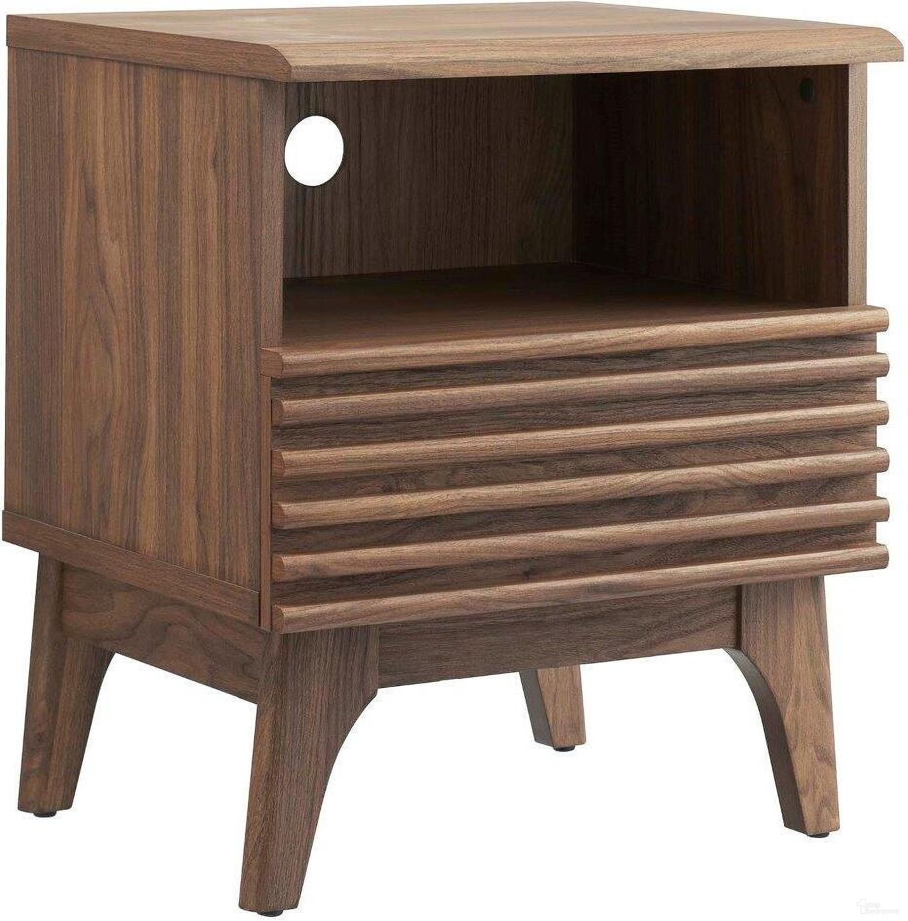 The appearance of Render Nightstand In Walnut MOD-7070-WAL designed by Modway in the transitional interior design. This walnut piece of furniture was selected by 1StopBedrooms from Render Collection to add a touch of cosiness and style into your home. Sku: MOD-7070-WAL. Material: MDF.