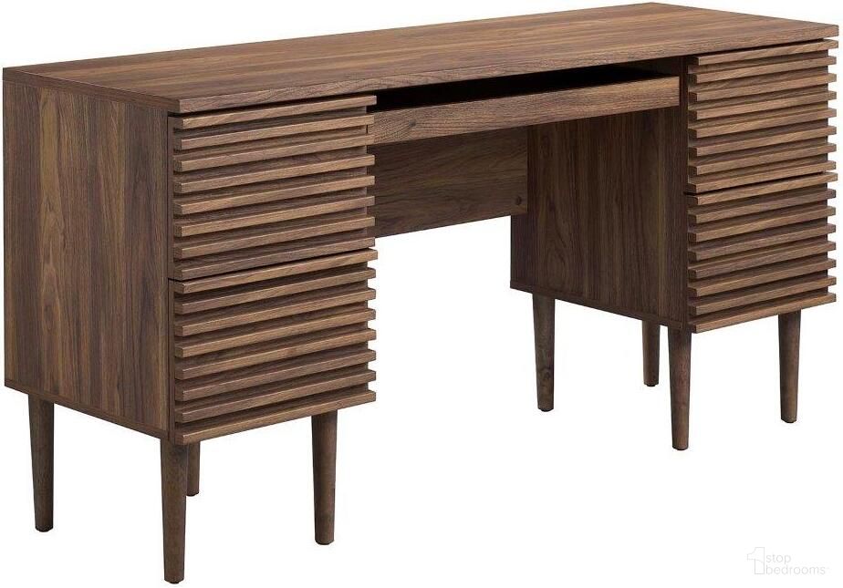 The appearance of Render Office Desk In Walnut designed by Modway in the transitional interior design. This walnut piece of furniture was selected by 1StopBedrooms from Render Collection to add a touch of cosiness and style into your home. Sku: EEI-6254-WAL-1;EEI-6254-WAL-2. Material: MDF.