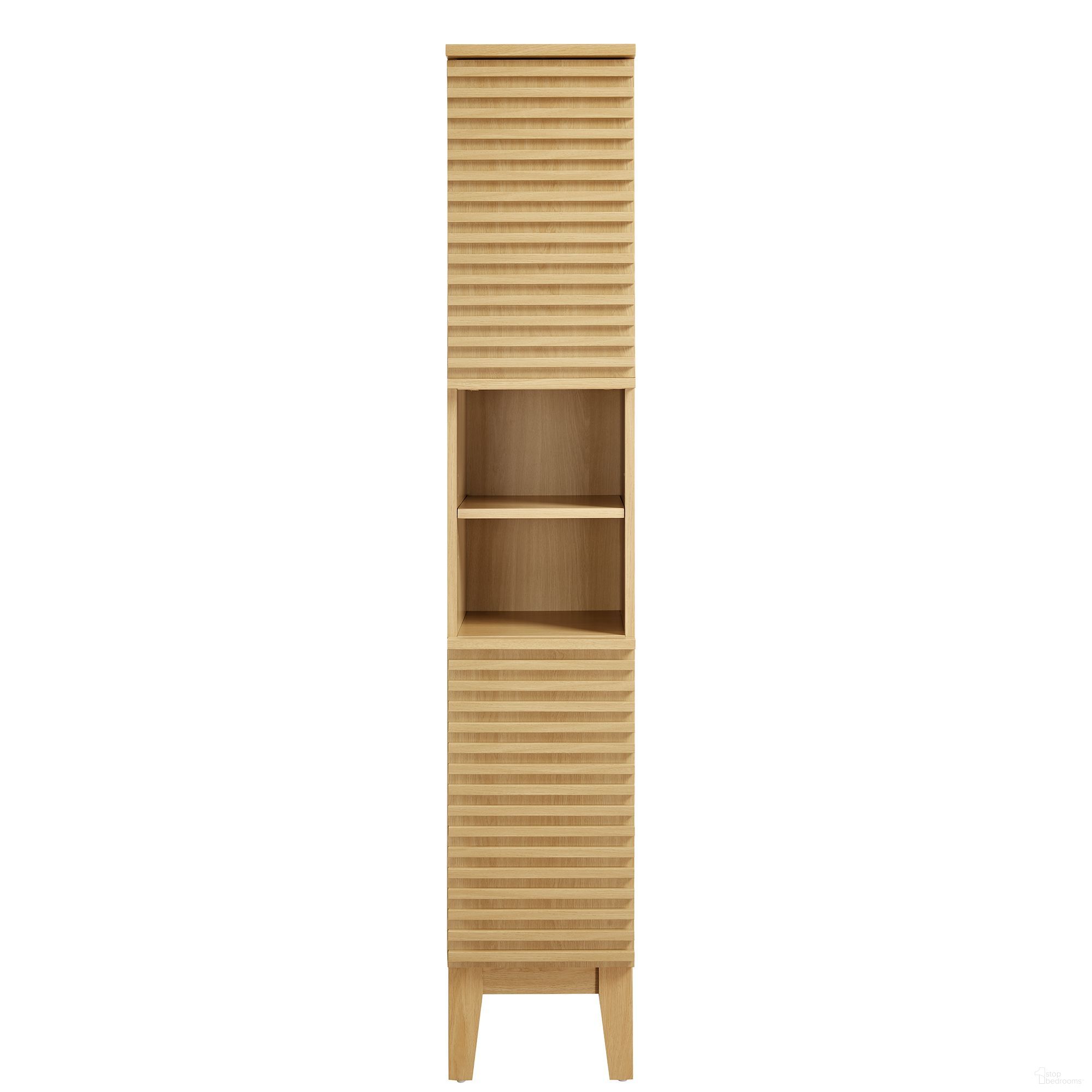The appearance of Render Tall Narrow Bathroom Storage Cabinet In Oak designed by Modway in the modern / contemporary interior design. This oak piece of furniture was selected by 1StopBedrooms from Render Collection to add a touch of cosiness and style into your home. Sku: EEI-6851-OAK. Material: Wood.