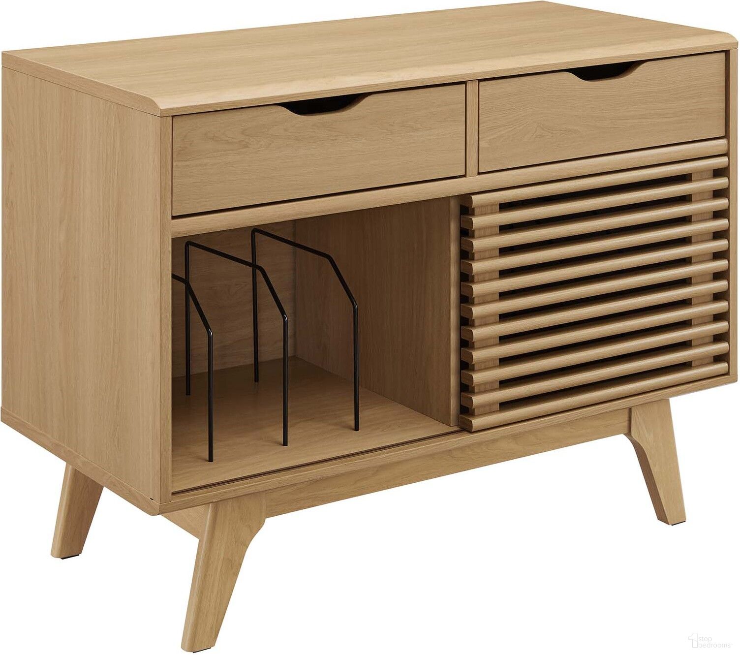 The appearance of Render Vinyl Record Display Stand In Oak EEI-4323-OAK designed by Modway in the modern / contemporary interior design. This oak piece of furniture was selected by 1StopBedrooms from Render Collection to add a touch of cosiness and style into your home. Sku: EEI-4323-OAK. Material: MDF.