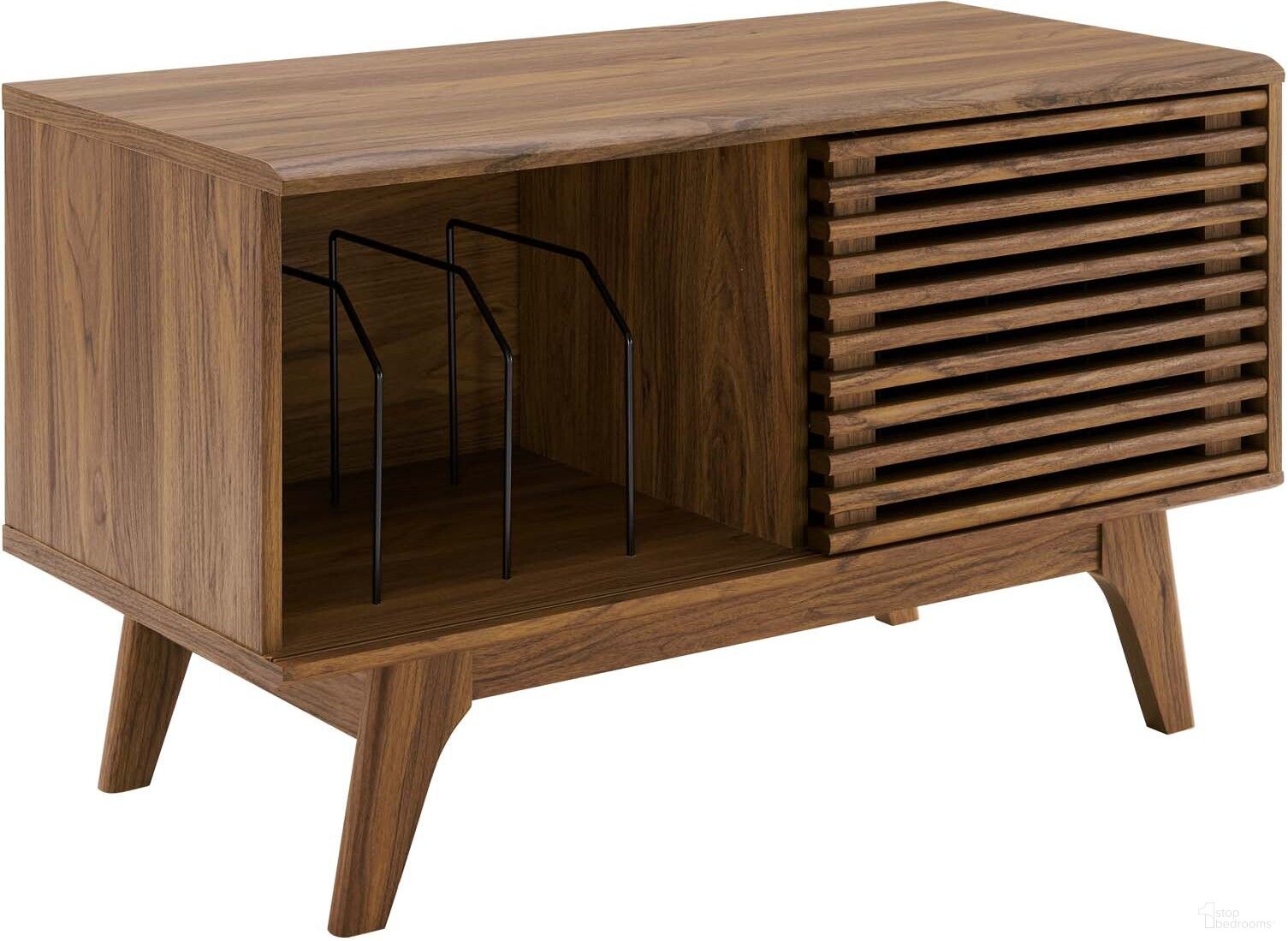 The appearance of Render Vinyl Record Display Stand In Walnut designed by Modway in the modern / contemporary interior design. This walnut piece of furniture was selected by 1StopBedrooms from Render Collection to add a touch of cosiness and style into your home. Sku: EEI-4263-WAL. Material: MDF.
