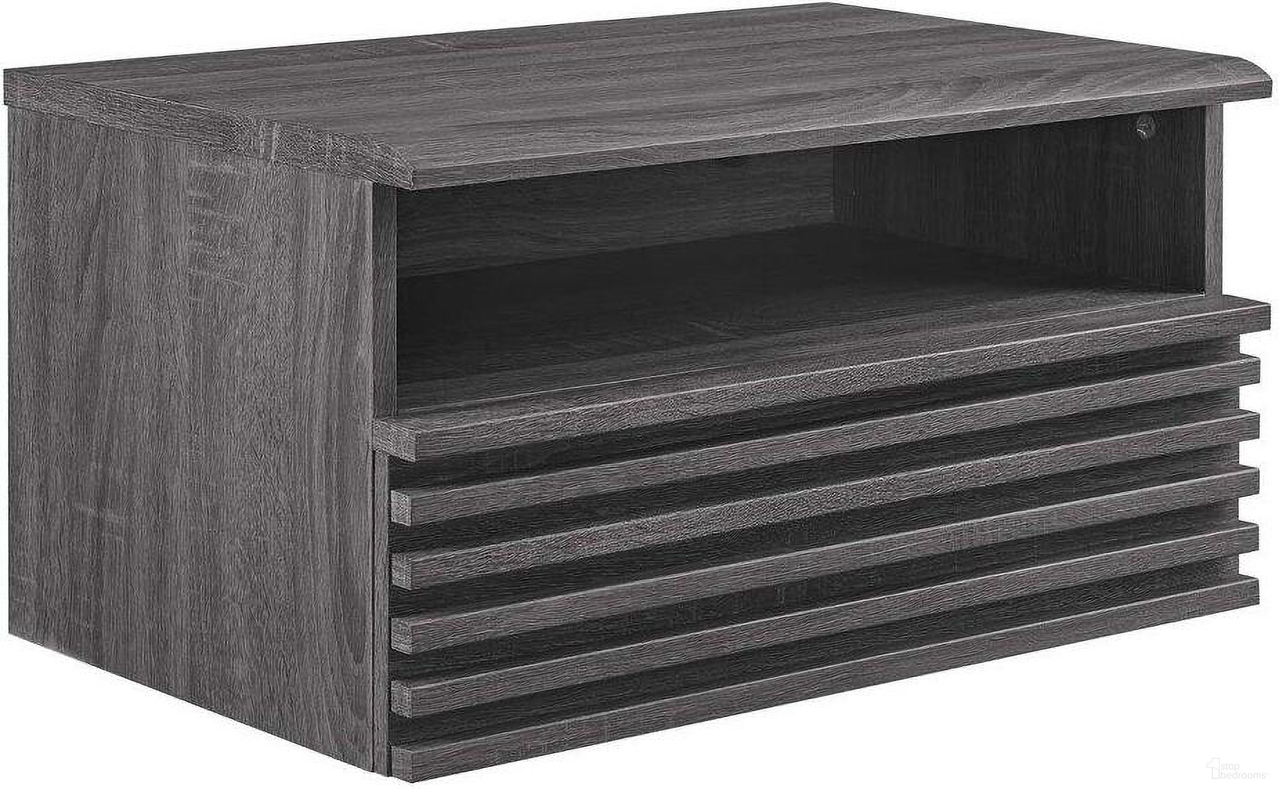 The appearance of Render Wall Mount Nightstand In Charcoal designed by Modway in the transitional interior design. This charcoal piece of furniture  was selected by 1StopBedrooms from Render Collection to add a touch of cosiness and style into your home. Sku: MOD-7058-CHA. Material: Aluminum.