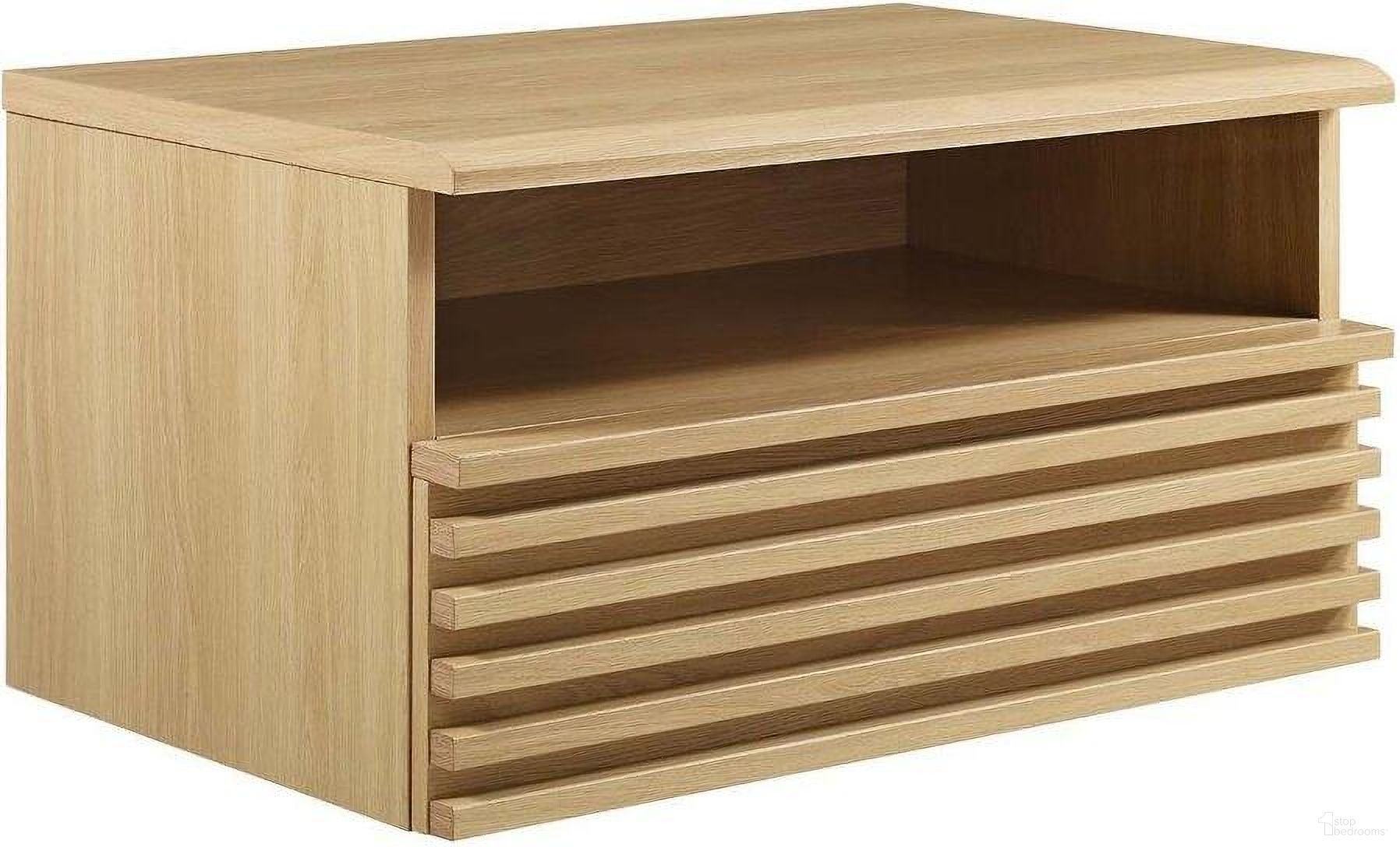 The appearance of Render Wall Mount Nightstand In Oak designed by Modway in the transitional interior design. This oak piece of furniture was selected by 1StopBedrooms from Render Collection to add a touch of cosiness and style into your home. Sku: MOD-7058-OAK. Material: Aluminum.