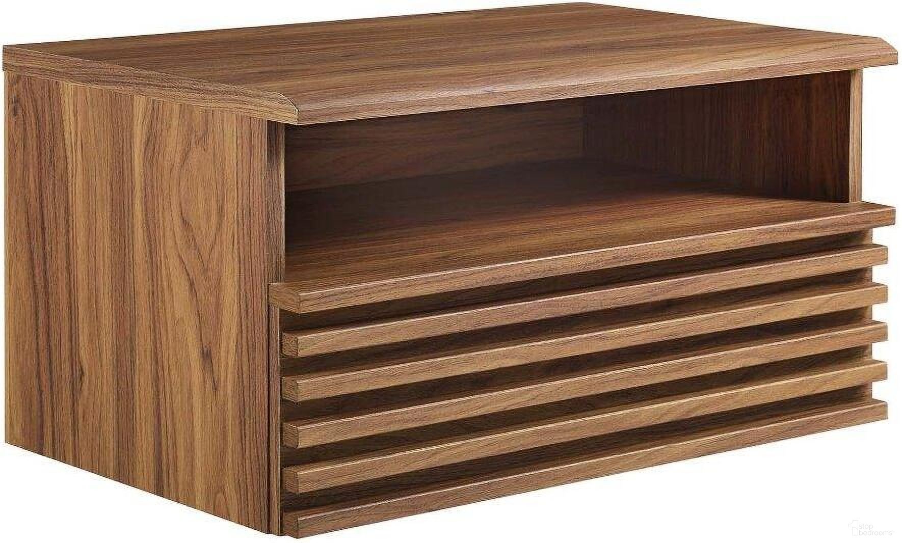 The appearance of Render Wall Mount Nightstand In Walnut designed by Modway in the transitional interior design. This walnut piece of furniture was selected by 1StopBedrooms from Render Collection to add a touch of cosiness and style into your home. Sku: MOD-7058-WAL. Material: Aluminum.