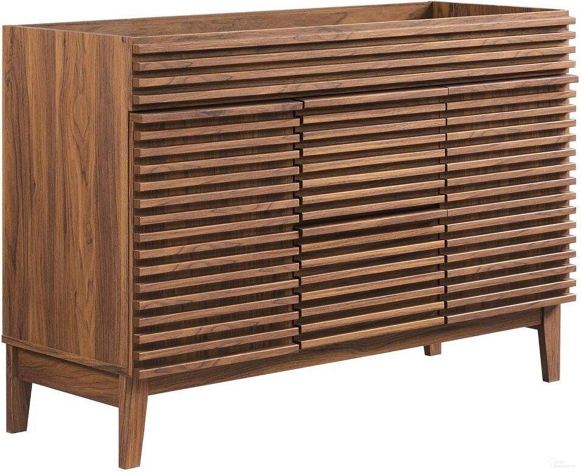 The appearance of Render Walnut 48 Inch Double Bathroom Vanity Cabinet designed by Modway in the modern / contemporary interior design. This walnut piece of furniture was selected by 1StopBedrooms from Render Collection to add a touch of cosiness and style into your home. Sku: EEI-4342-WAL-1;EEI-4342-WAL-2. Material: MDF.
