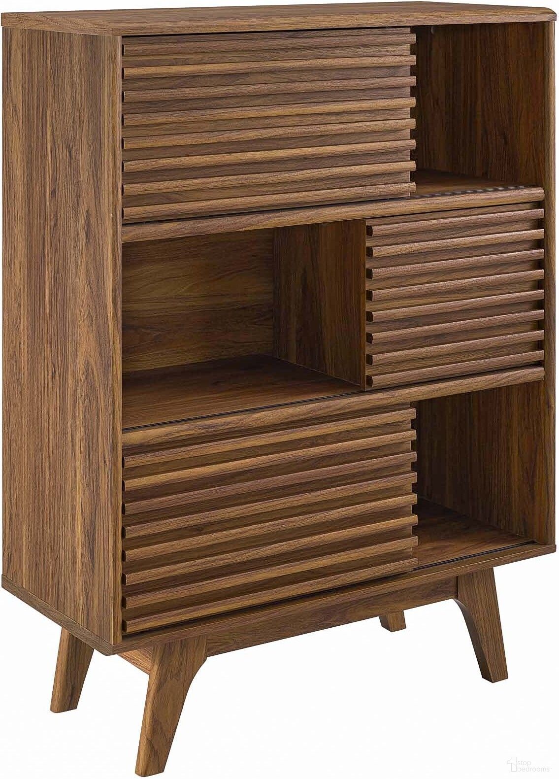 The appearance of Render Walnut Three-Tier Display Storage Cabinet Stand designed by Modway in the modern / contemporary interior design. This walnut piece of furniture was selected by 1StopBedrooms from Render Collection to add a touch of cosiness and style into your home. Sku: EEI-3343-WAL. Material: Wood.