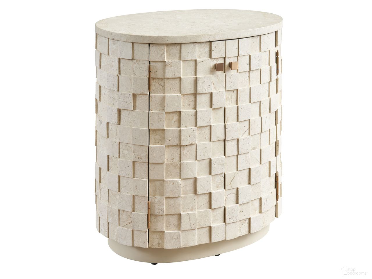 The appearance of Rendezvous Albion Stone Oval Nightstand In Beige designed by Lexington in the transitional interior design. This beige piece of furniture was selected by 1StopBedrooms from Rendezvous Collection to add a touch of cosiness and style into your home. Sku: 743-624. Material: Stone.