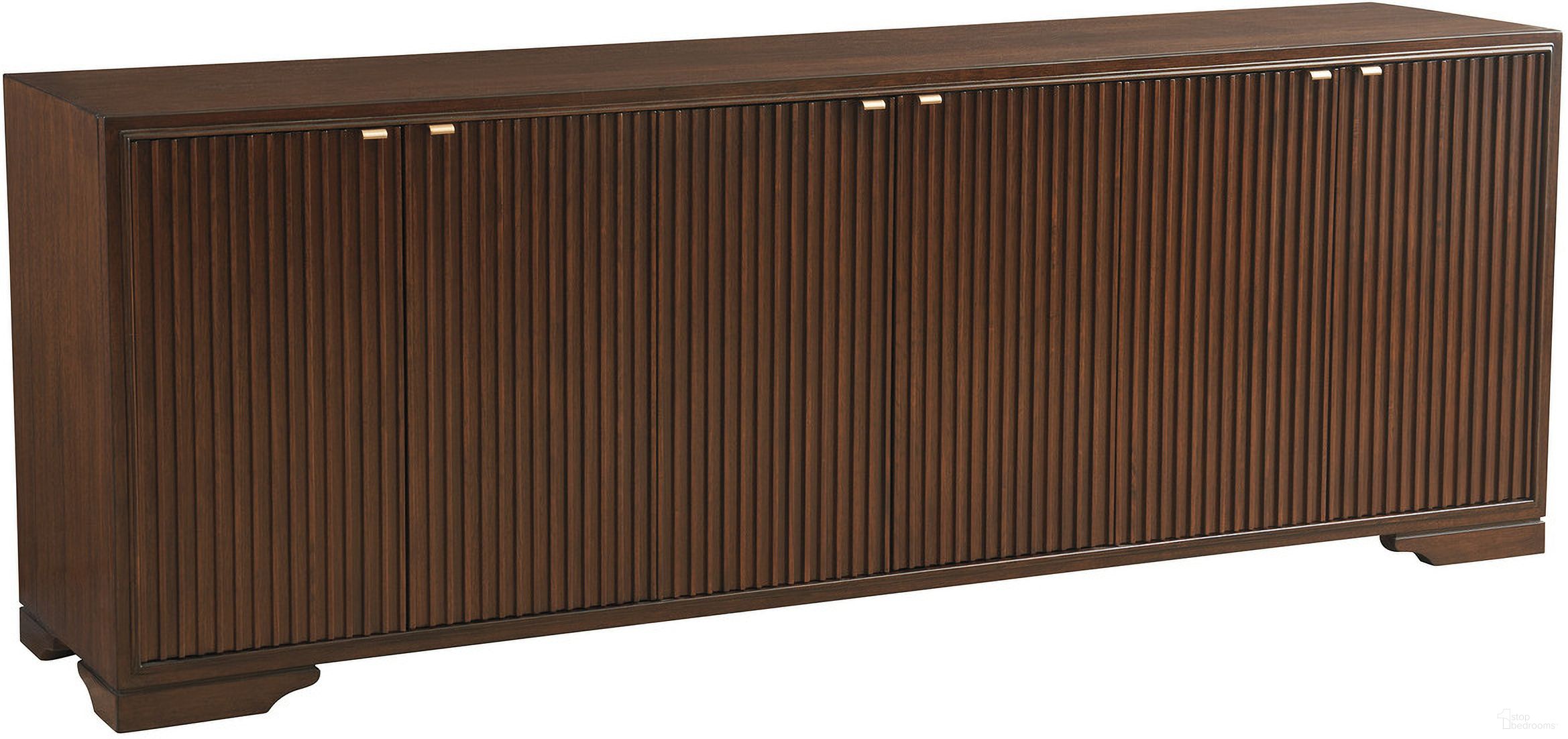 The appearance of Rendezvous Brentford Media Console In Brown designed by Lexington in the transitional interior design. This brown piece of furniture  was selected by 1StopBedrooms from Rendezvous Collection to add a touch of cosiness and style into your home. Sku: 743-907. Material: Wood.