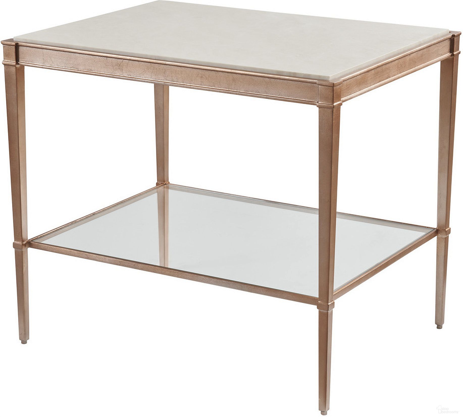 The appearance of Rendezvous Bulgari Rectangle End Table In Beige designed by Lexington in the transitional interior design. This beige piece of furniture  was selected by 1StopBedrooms from Rendezvous Collection to add a touch of cosiness and style into your home. Sku: 743-955C. Material: Metal.