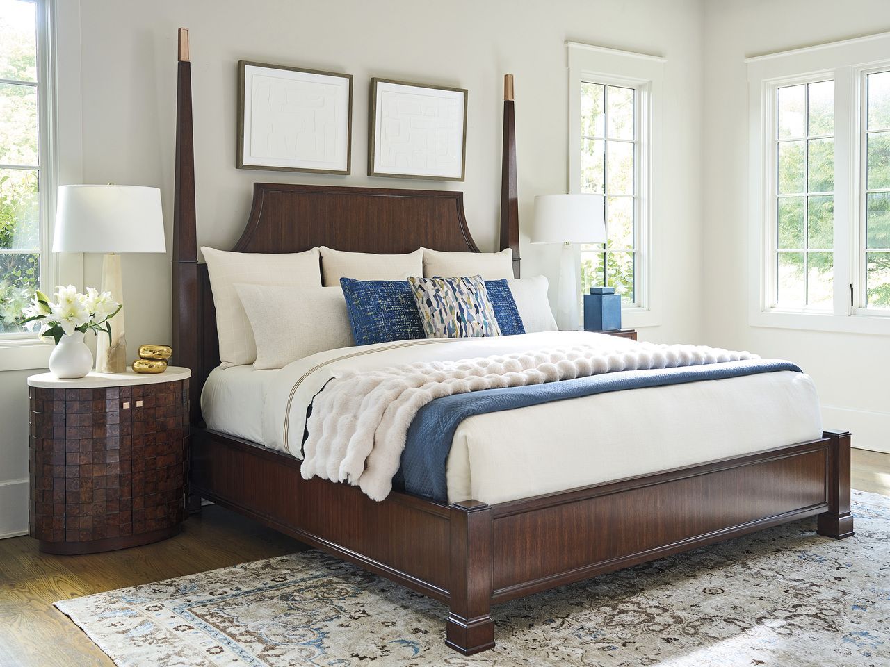 The appearance of Rendezvous Essex Poster Bedroom Set In Brown designed by Lexington in the transitional interior design. This brown piece of furniture  was selected by 1StopBedrooms from Rendezvous Collection to add a touch of cosiness and style into your home. Sku: 743-173C;743-623. Bed Size: California King. Material: Walnut.