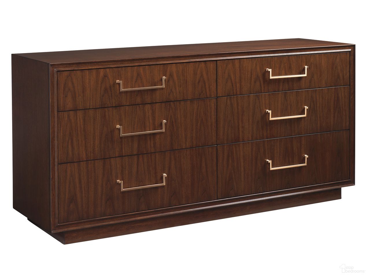 The appearance of Rendezvous Fenwick Double Dresser In Brown designed by Lexington in the transitional interior design. This brown piece of furniture was selected by 1StopBedrooms from Rendezvous Collection to add a touch of cosiness and style into your home. Sku: 743-222. Material: Wood.