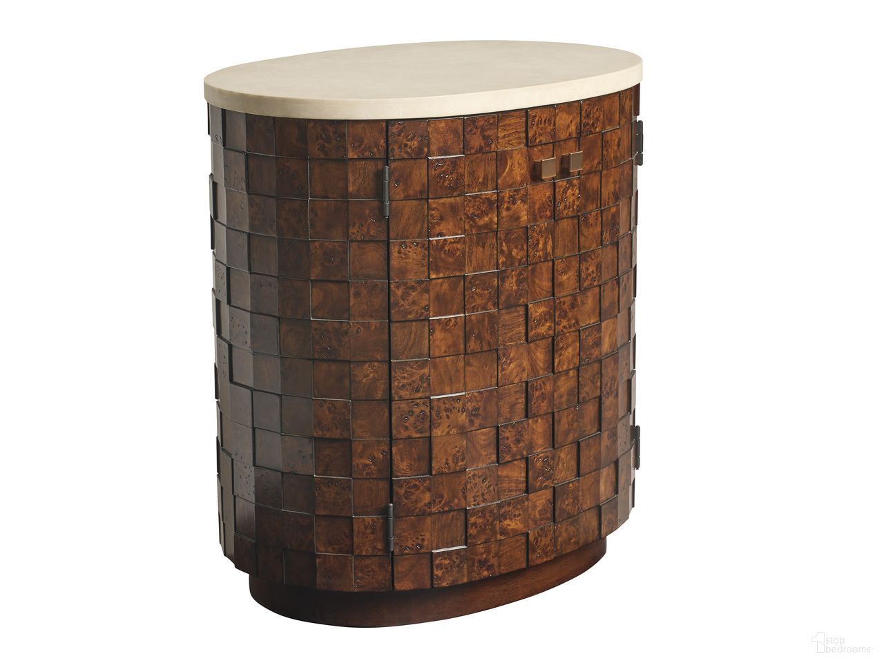 The appearance of Rendezvous Morella Oval Nightstand In Brown designed by Lexington in the transitional interior design. This brown piece of furniture  was selected by 1StopBedrooms from Rendezvous Collection to add a touch of cosiness and style into your home. Sku: 743-623. Material: Wood.