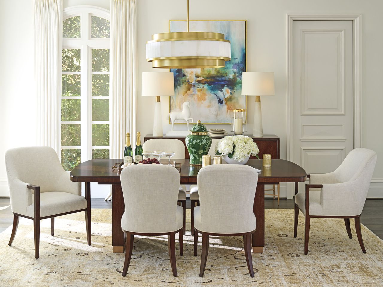 The appearance of Rendezvous Portman Double Pedestal Dining Room Set In Brown designed by Lexington in the transitional interior design. This brown piece of furniture  was selected by 1StopBedrooms from Rendezvous Collection to add a touch of cosiness and style into your home. Sku: 743-876C;743-882-01. Table Top Shape: Rectangular. Size: 44" x 86". Material: Walnut.