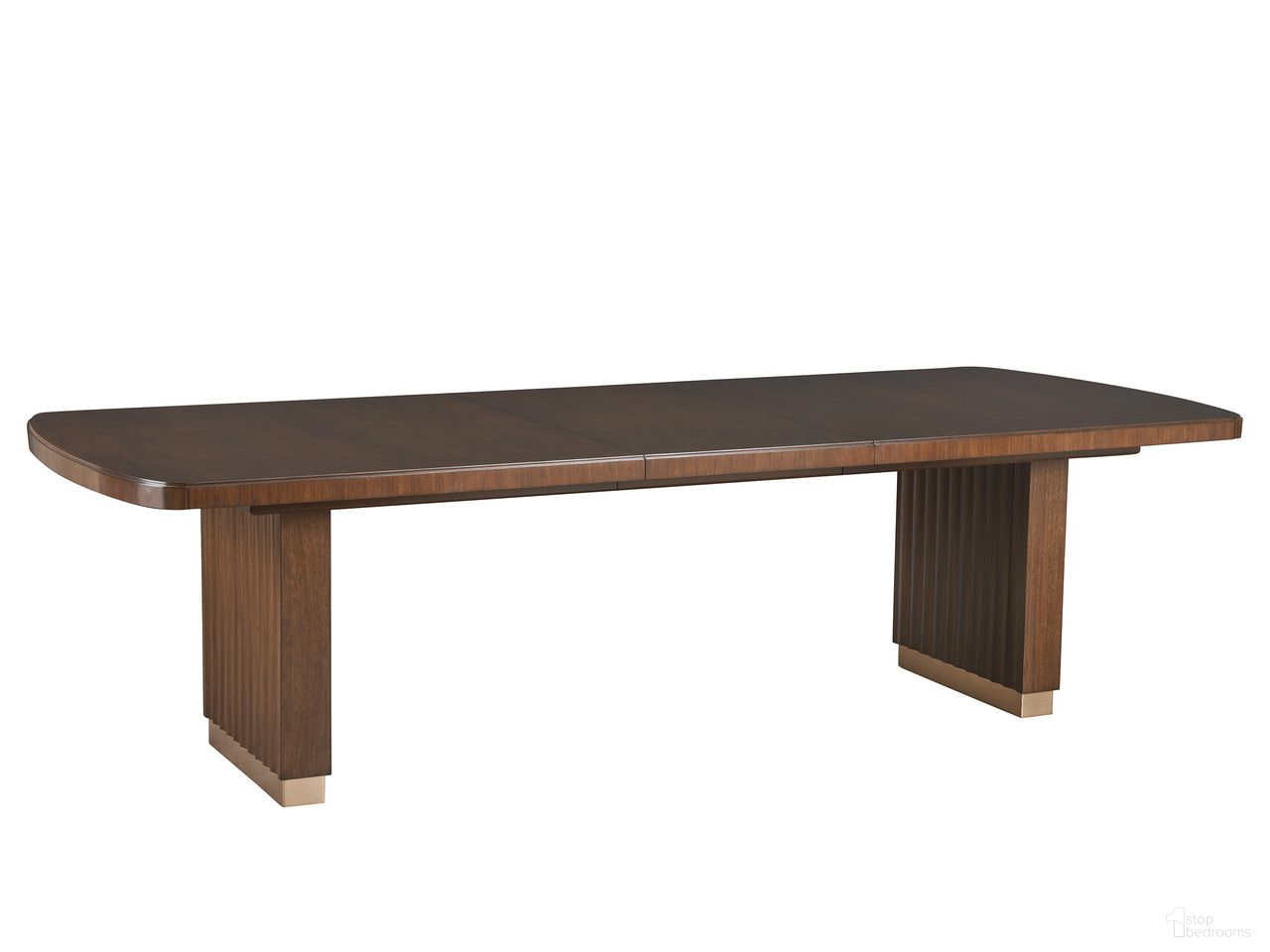 The appearance of Rendezvous Portman Double Pedestal Dining Table In Brown designed by Lexington in the transitional interior design. This brown piece of furniture  was selected by 1StopBedrooms from Rendezvous Collection to add a touch of cosiness and style into your home. Sku: 743-876C. Table Base Style: Double Pedestal. Table Top Shape: Rectangular. Size: 44" x 86". Material: Walnut.