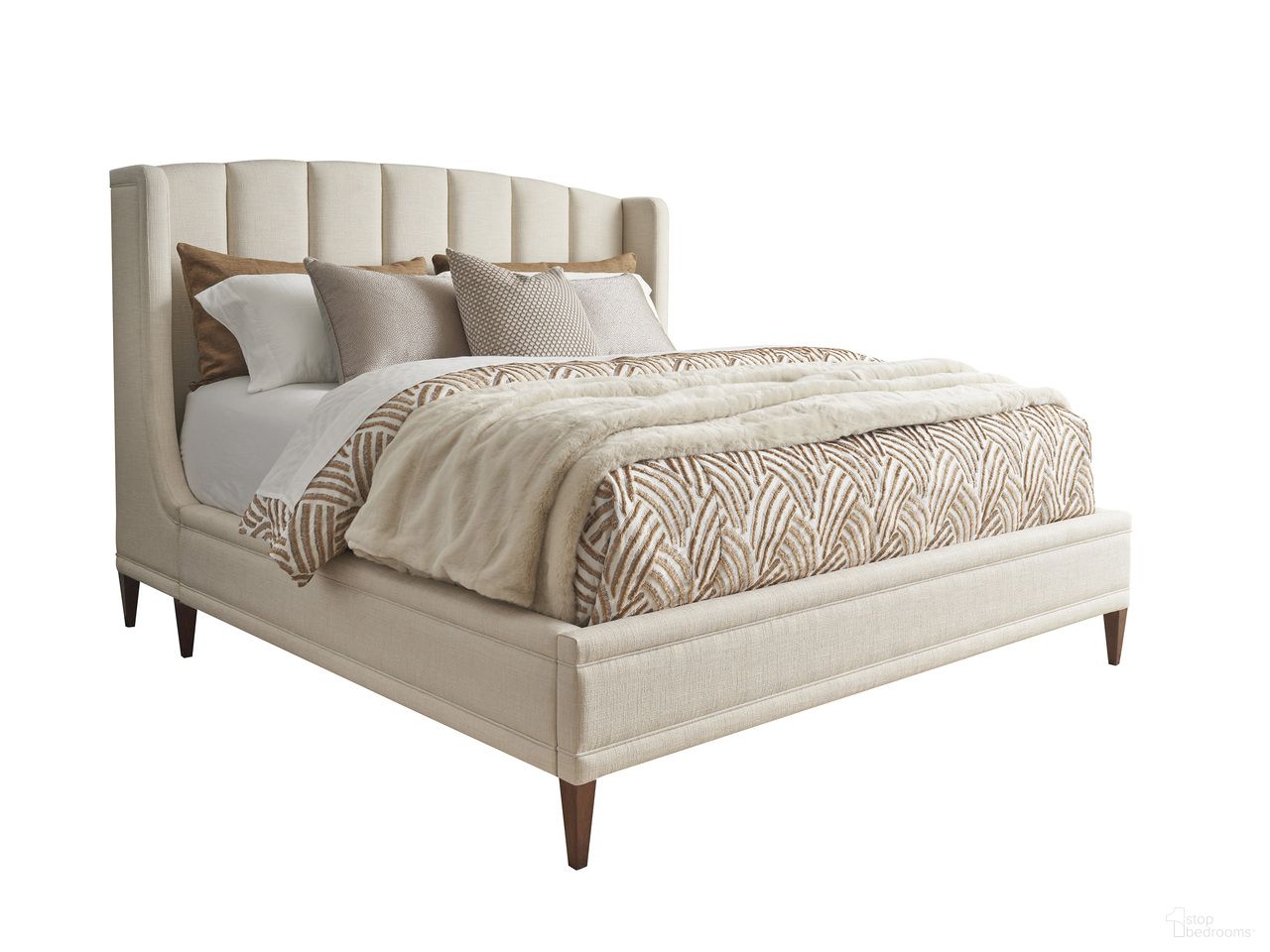 The appearance of Rendezvous Savoy California King Upholstered Bed In Cream designed by Lexington in the transitional interior design. This cream piece of furniture  was selected by 1StopBedrooms from Rendezvous Collection to add a touch of cosiness and style into your home. Sku: 743-135C. Material: Fabric. Bed Size: California King. Bed Type: Upholstered Bed.