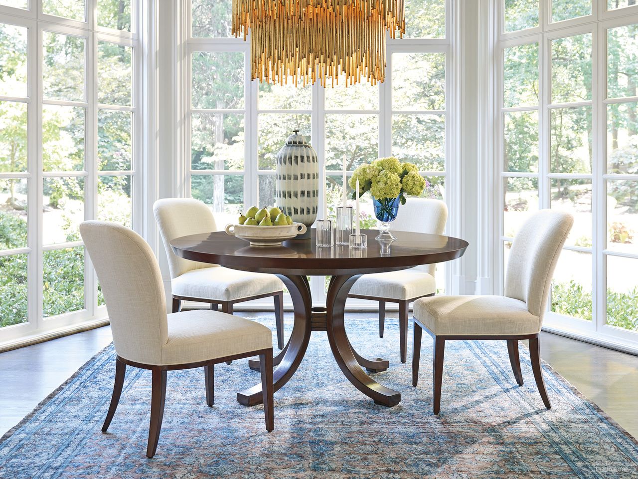 The appearance of Rendezvous Warwick Round Dining Round Set In Brown designed by Lexington in the transitional interior design. This brown piece of furniture  was selected by 1StopBedrooms from Rendezvous Collection to add a touch of cosiness and style into your home. Sku: 743-875C;743-882-01. Table Top Shape: Round. Size: 60". Material: Walnut.