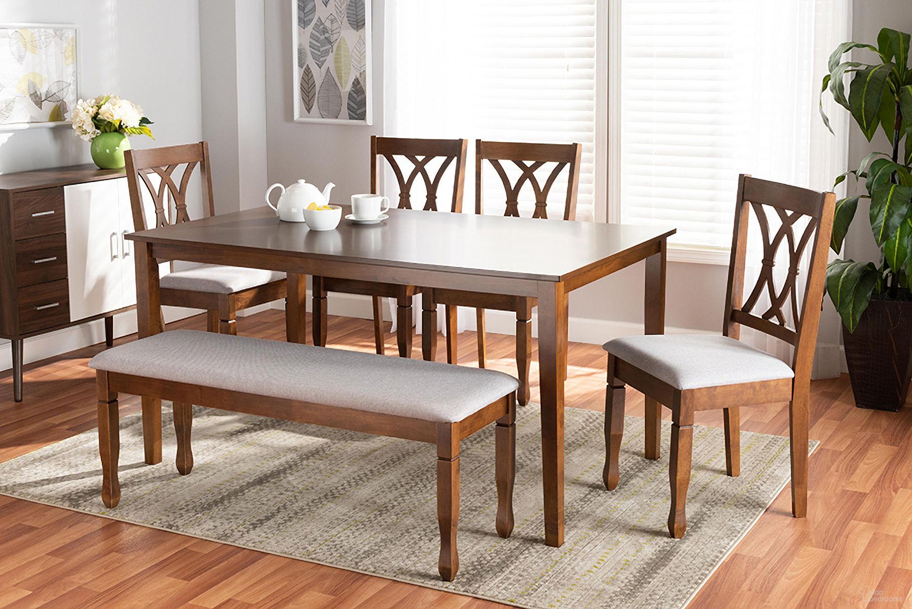 Reneau Modern and Contemporary Grey Fabric Upholstered and Walnut Brown Finished Wood 6-Piece Dining Set