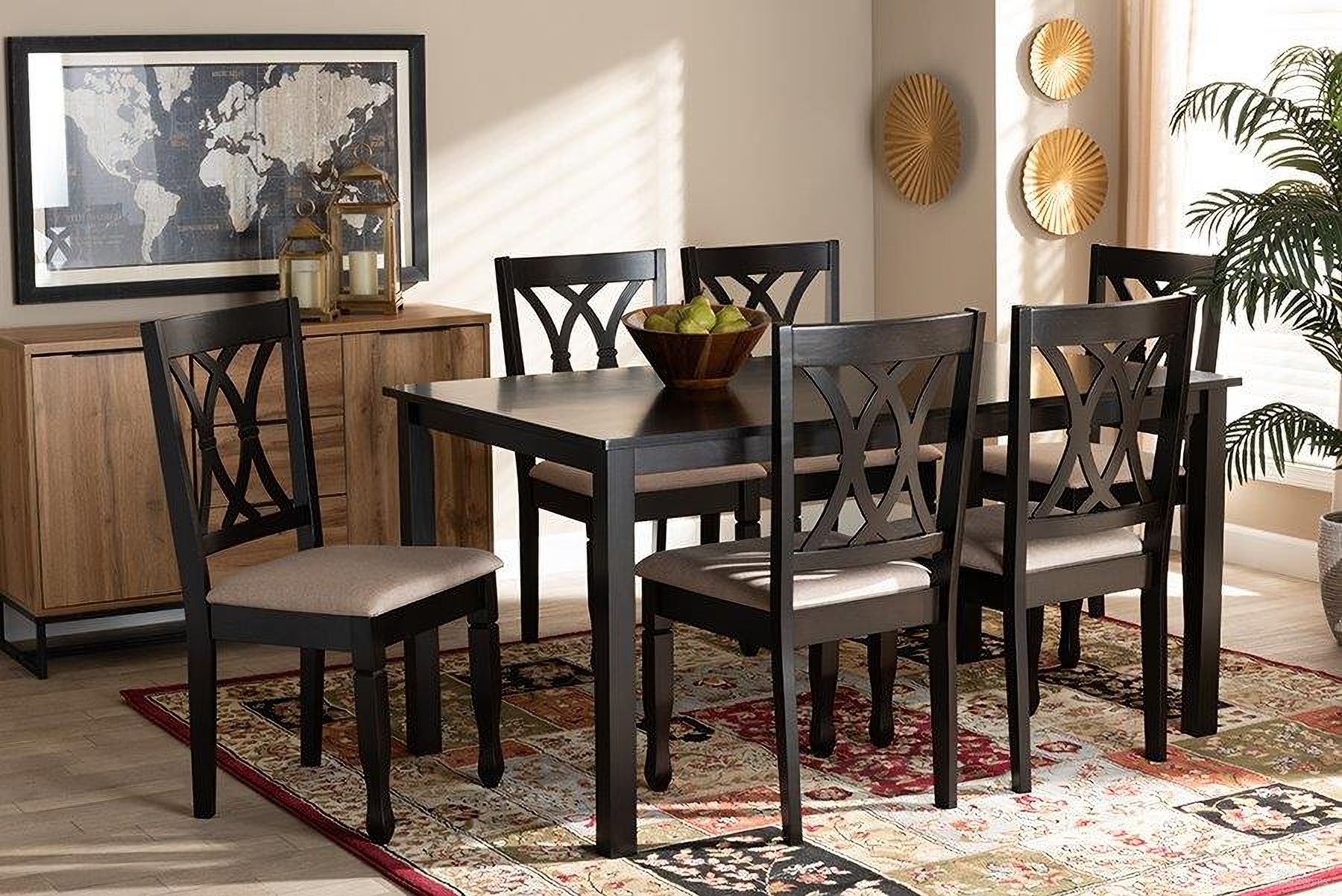 Reneau Modern And Contemporary Sand Fabric Upholstered Espresso Brown Finished Wood 7-Piece Dining Set