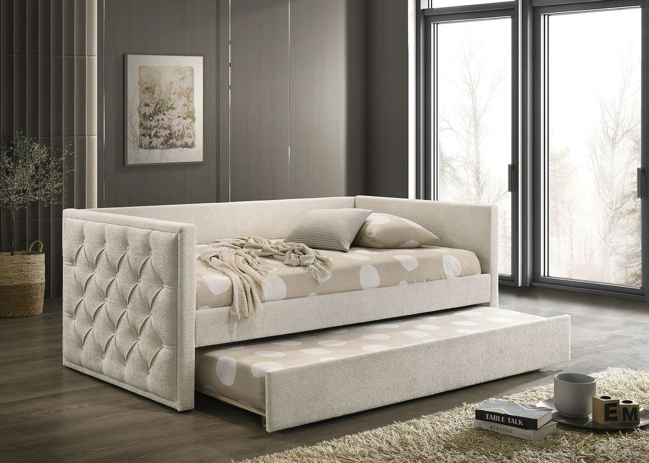 The appearance of Renzi Twin Daybed with Trundle In Beige designed by Furniture of America in the transitional interior design. This beige piece of furniture was selected by 1StopBedrooms from Renzi Collection to add a touch of cosiness and style into your home. Sku: FM1202BG-1;FM1202BG-2. Bed Type: Daybed. Material: Fabric. Bed Size: Twin.