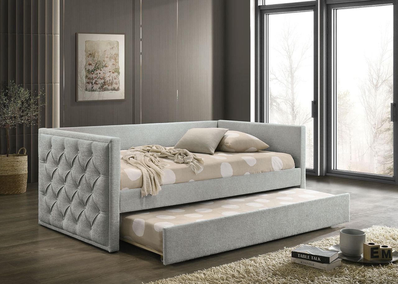 The appearance of Renzi Twin Daybed with Trundle In Gray designed by Furniture of America in the transitional interior design. This gray piece of furniture  was selected by 1StopBedrooms from Renzi Collection to add a touch of cosiness and style into your home. Sku: FM1202GY-1;FM1202GY-2. Bed Type: Daybed. Material: Fabric. Bed Size: Twin.