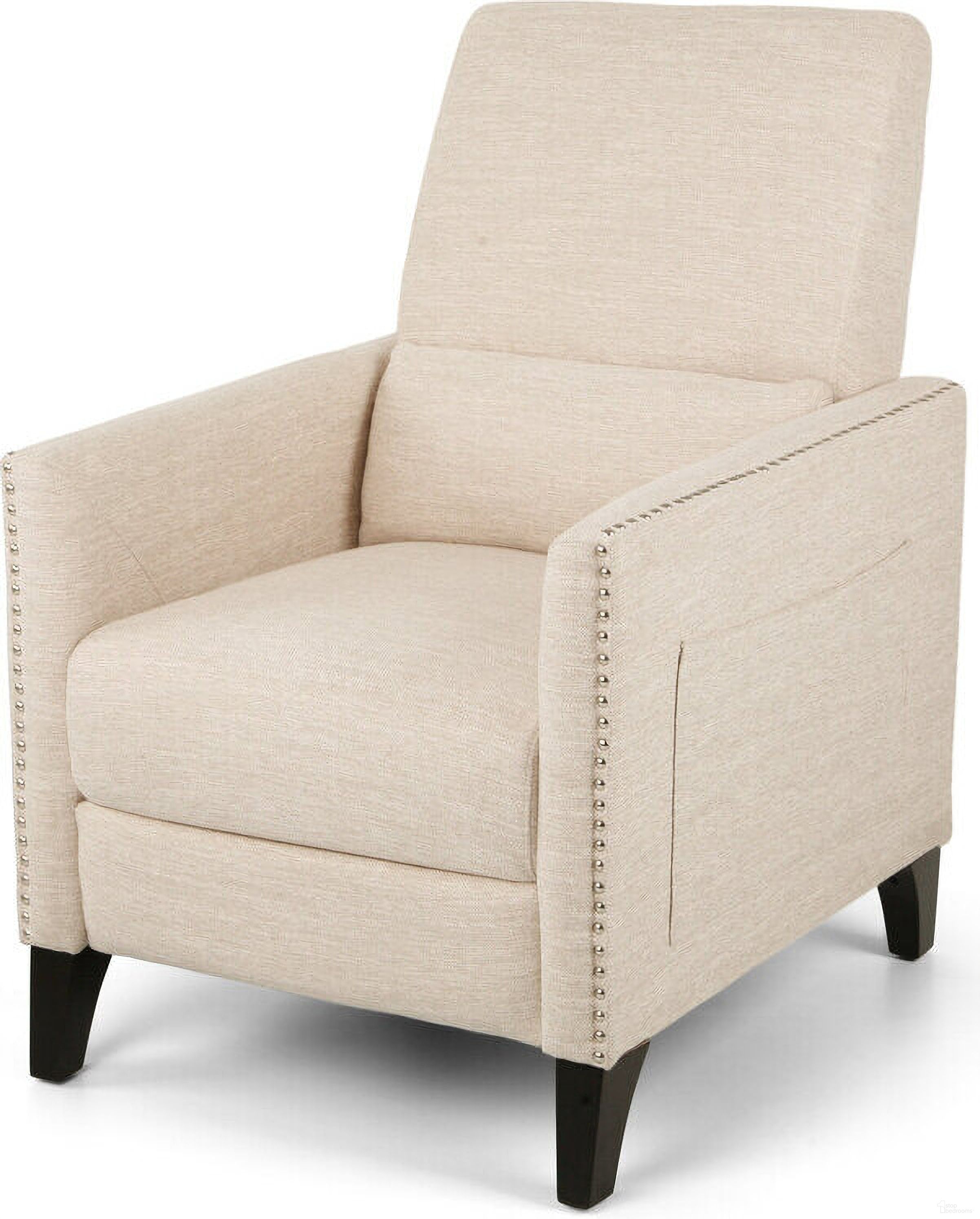 The appearance of Repose Upholstered Recliner Chair with Nailhead Trim and Side Pocket In Beige designed by Noble House in the modern / contemporary interior design. This beige piece of furniture was selected by 1StopBedrooms from Repose Collection to add a touch of cosiness and style into your home. Sku: 65532.00BGE. Material: Fabric.