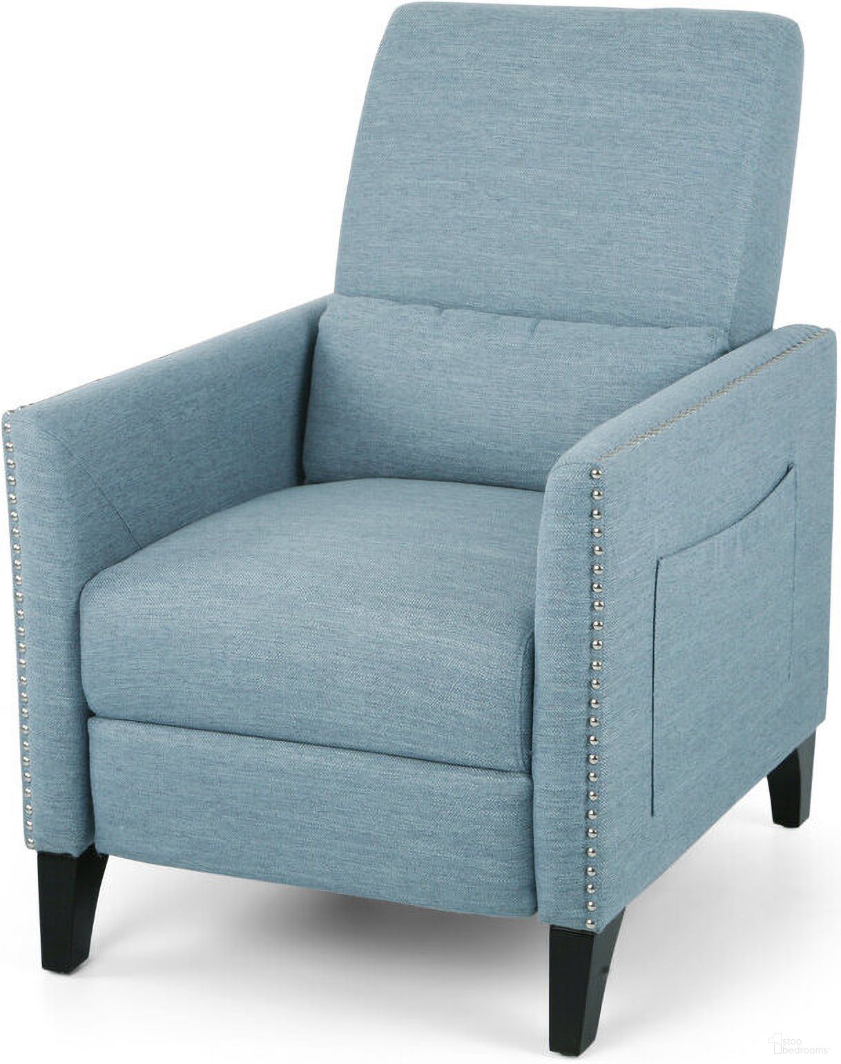 The appearance of Repose Upholstered Recliner Chair with Nailhead Trim and Side Pocket In Light Blue designed by Noble House in the modern / contemporary interior design. This light blue piece of furniture was selected by 1StopBedrooms from Repose Collection to add a touch of cosiness and style into your home. Sku: 65532.00LBLU. Material: Fabric.