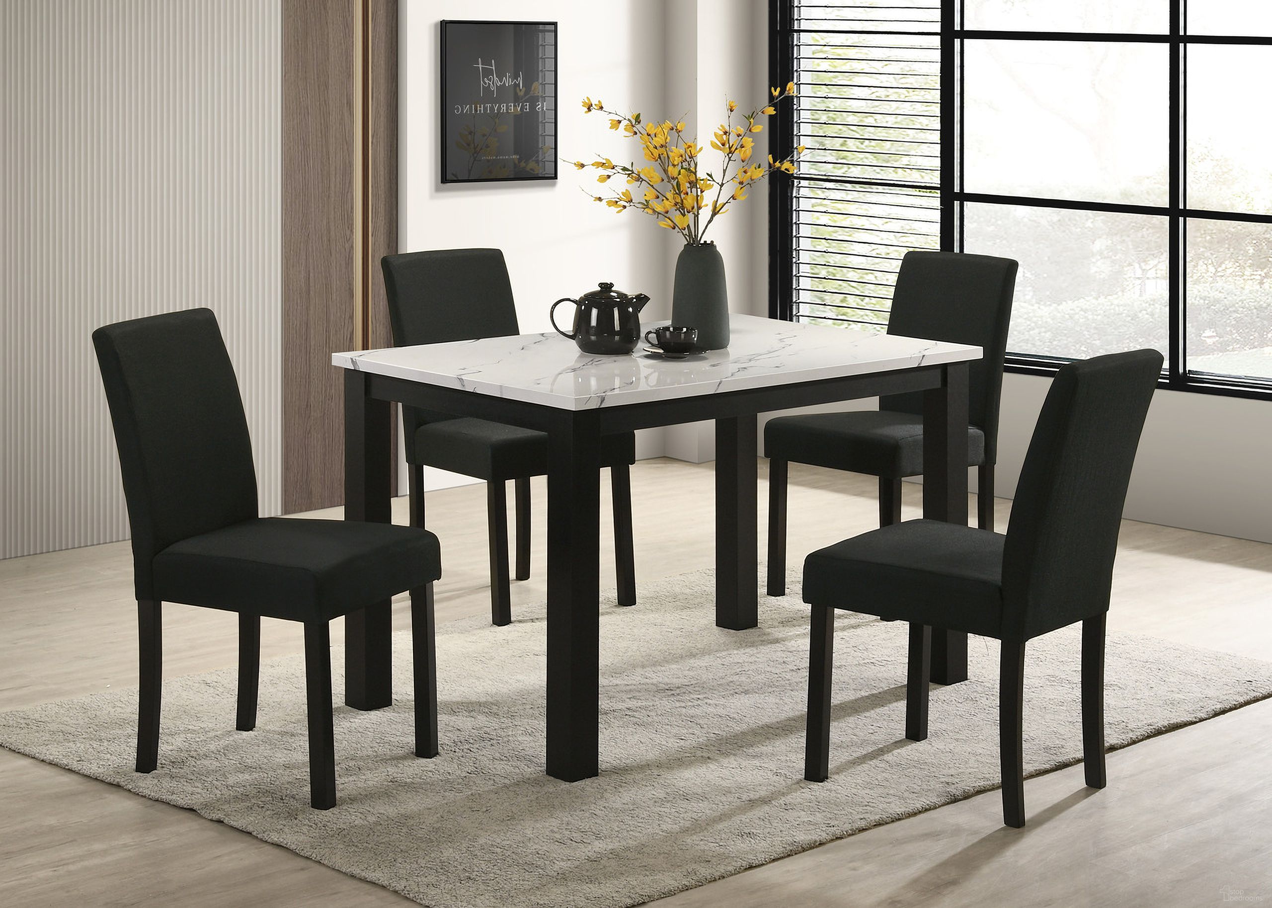 The appearance of Resia Dining Room Set In Black and White designed by Crown Mark in the transitional interior design. This black and white piece of furniture was selected by 1StopBedrooms from Resia Collection to add a touch of cosiness and style into your home. Sku: 2120T-3048;2120S-BK. Table Top Shape: Rectangular. Size: 30" x 47". Material: Particle Board.