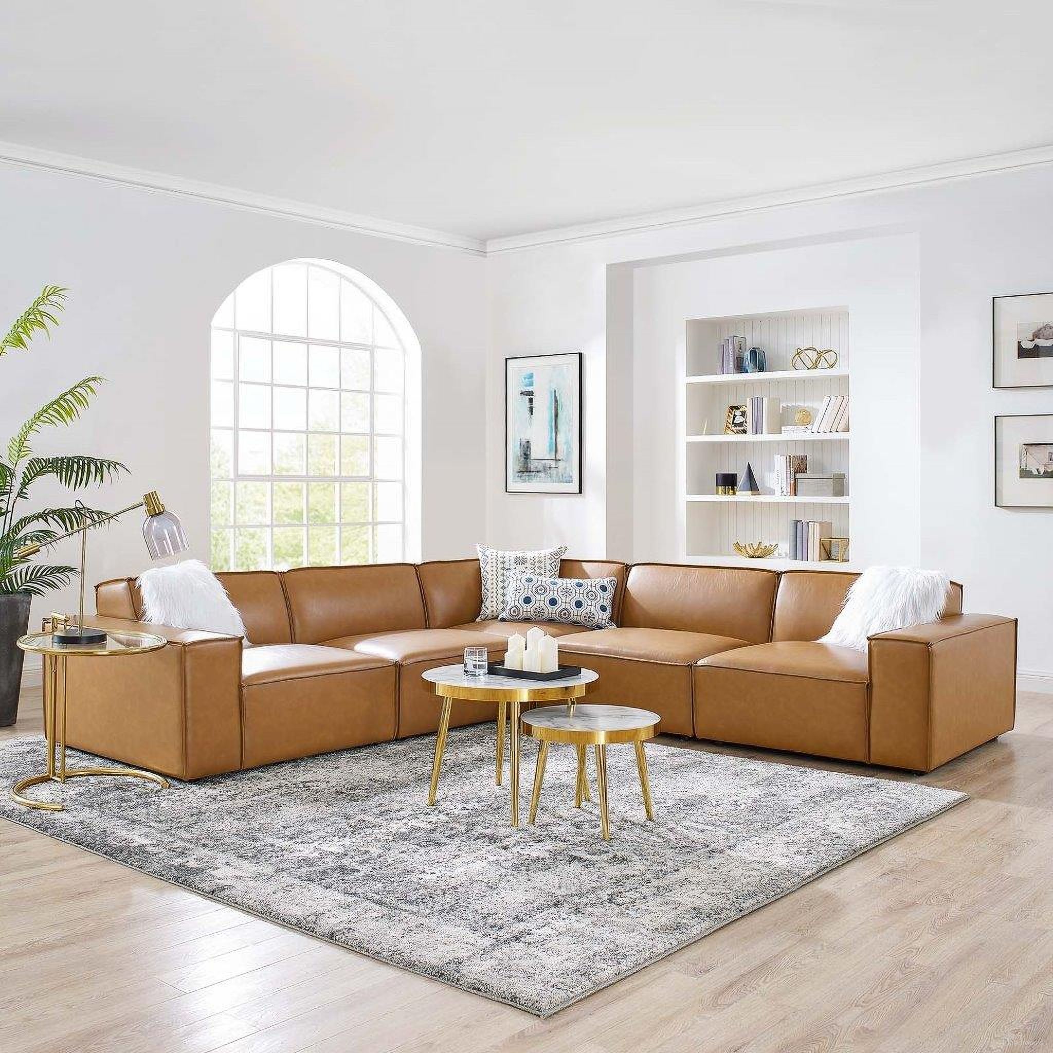 The appearance of Restore 5-Piece Vegan Leather Sectional Sofa designed by Modway in the modern / contemporary interior design. This tan piece of furniture  was selected by 1StopBedrooms from Restore Collection to add a touch of cosiness and style into your home. Sku: EEI-4492-TAN;EEI-4493-TAN;EEI-4494-TAN;EEI-4495-TAN;EEI-4495-TAN. Material: Rubberwood. Layout: L-Shape.