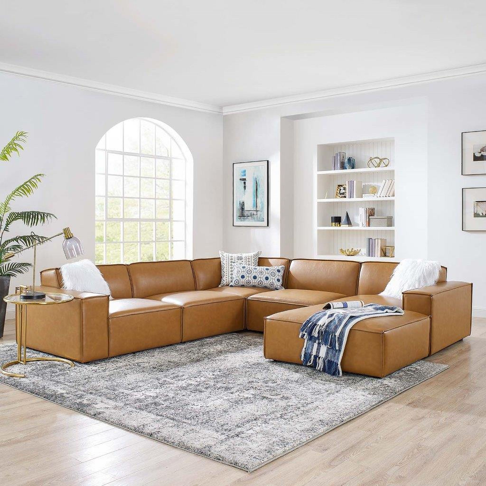 The appearance of Restore 6-Piece Vegan Leather Sectional Sofa EEI-4714-TAN designed by Modway in the modern / contemporary interior design. This tan piece of furniture was selected by 1StopBedrooms from Restore Collection to add a touch of cosiness and style into your home. Sku: EEI-4492-TAN;EEI-4493-TAN;EEI-4494-TAN;EEI-4495-TAN;EEI-4495-TAN;EEI-4496-TAN. Material: Rubberwood. Layout: Sofa & Chaise.