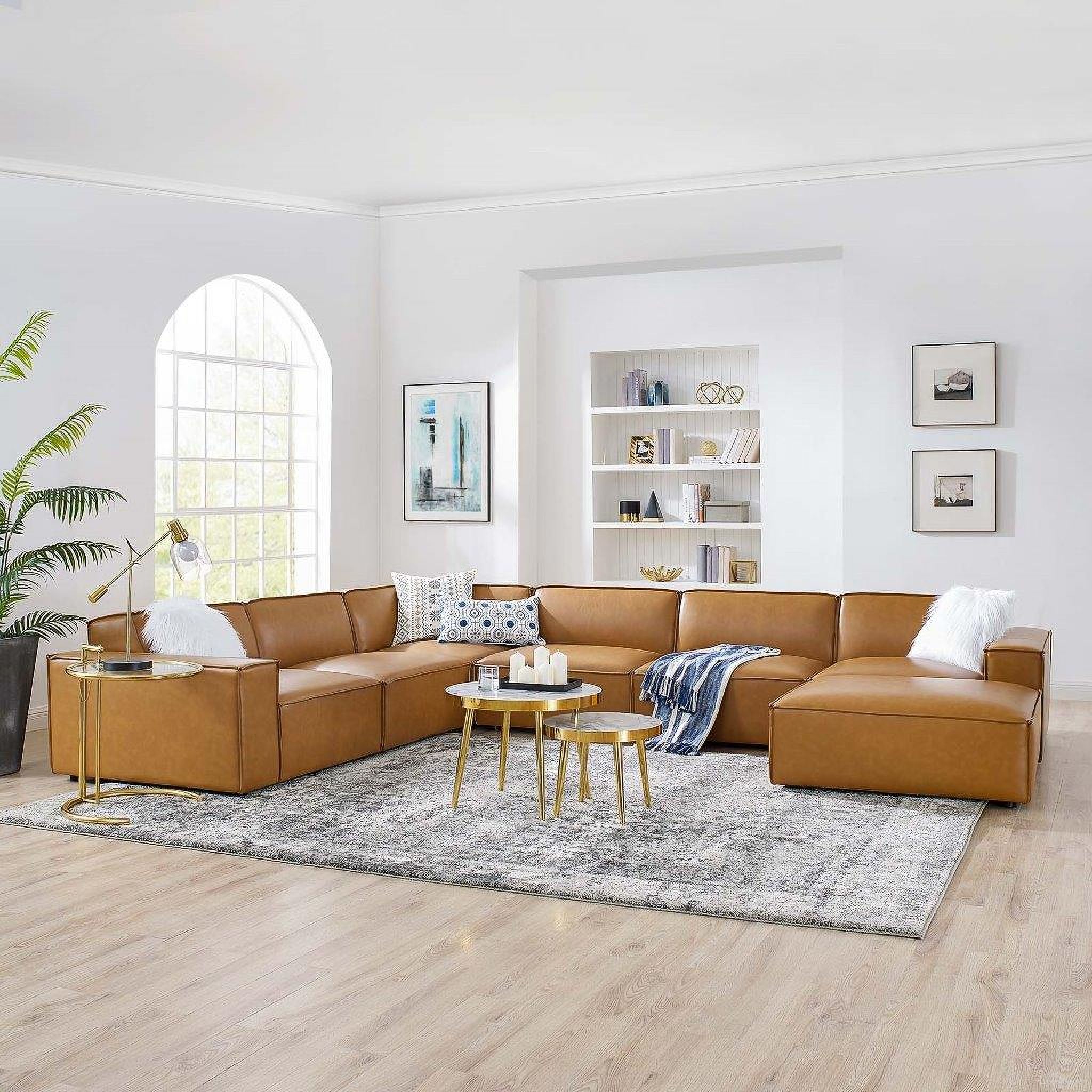 The appearance of Restore 7-Piece Vegan Leather Sectional Sofa EEI-4716-TAN designed by Modway in the modern / contemporary interior design. This tan piece of furniture was selected by 1StopBedrooms from Restore Collection to add a touch of cosiness and style into your home. Sku: EEI-4492-TAN;EEI-4493-TAN;EEI-4494-TAN;EEI-4495-TAN;EEI-4495-TAN;EEI-4495-TAN;EEI-4496-TAN. Material: Rubberwood. Layout: Sofa & Chaise.