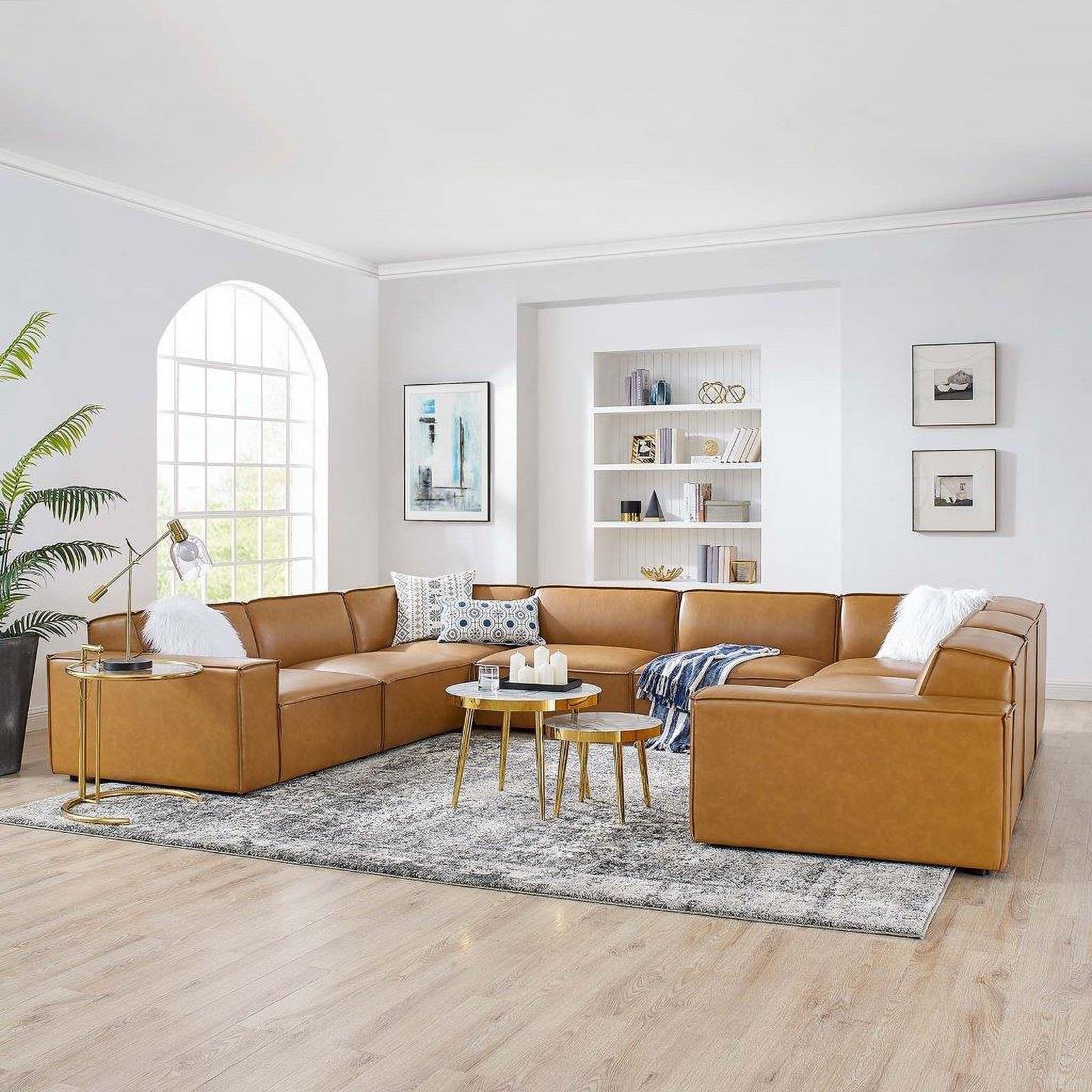 The appearance of Restore 8-Piece Vegan Leather Sectional Sofa designed by Modway in the modern / contemporary interior design. This tan piece of furniture was selected by 1StopBedrooms from Restore Collection to add a touch of cosiness and style into your home. Sku: EEI-4492-TAN;EEI-4493-TAN;EEI-4494-TAN;EEI-4494-TAN;EEI-4495-TAN;EEI-4495-TAN;EEI-4495-TAN;EEI-4495-TAN. Material: Rubberwood. Layout: Sofa & Chaise.