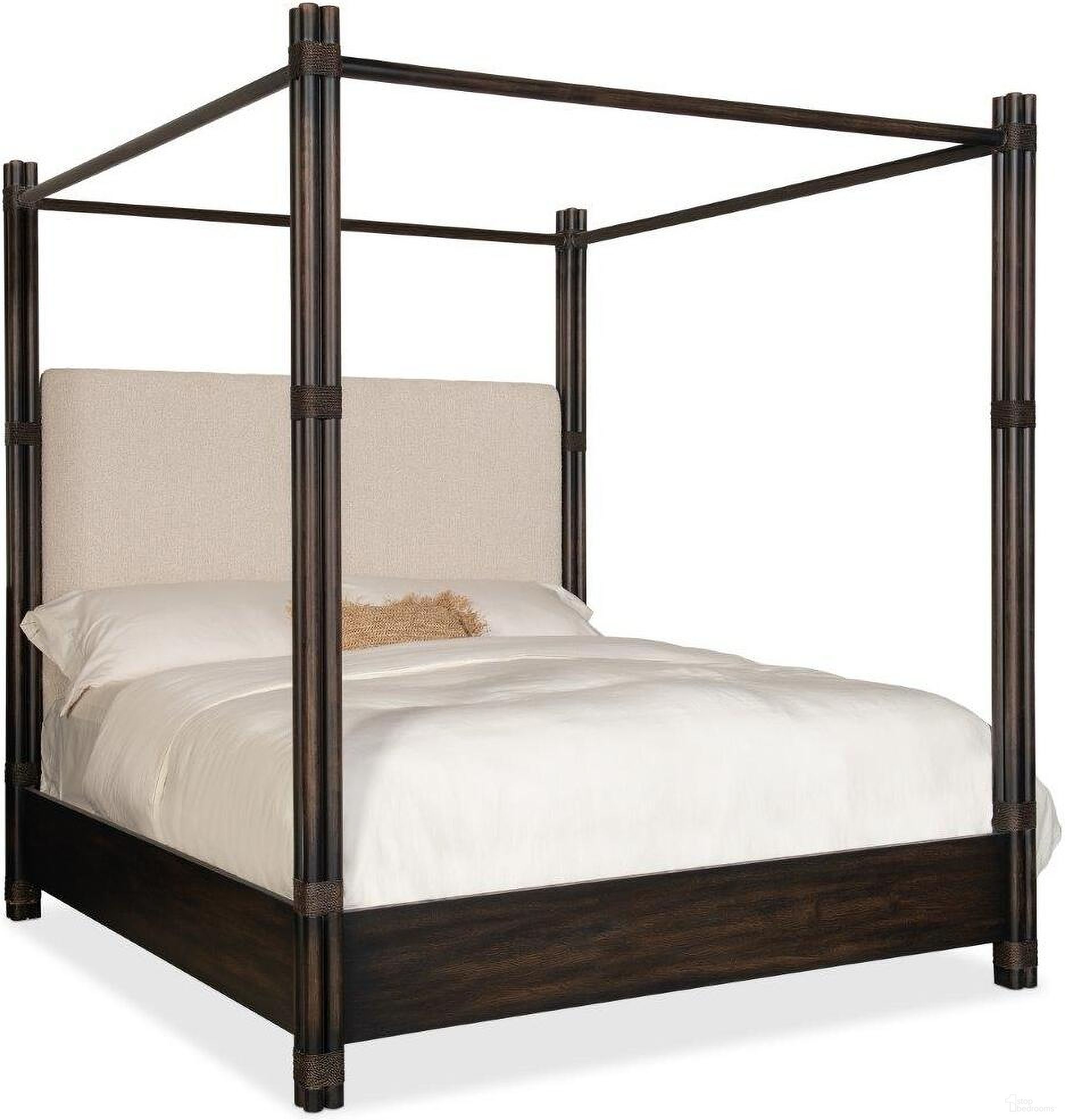 The appearance of Retreat Pole Rattan King Upholstered Poster Bed with Canopy In Beige designed by Hooker in the transitional interior design. This black sand piece of furniture  was selected by 1StopBedrooms from Retreat Collection to add a touch of cosiness and style into your home. Sku: 6950-90453-99;6950-90467-99;6950-90468-99. Bed Type: Poster Bed. Bed Size: King. Material: Oak Veneer.