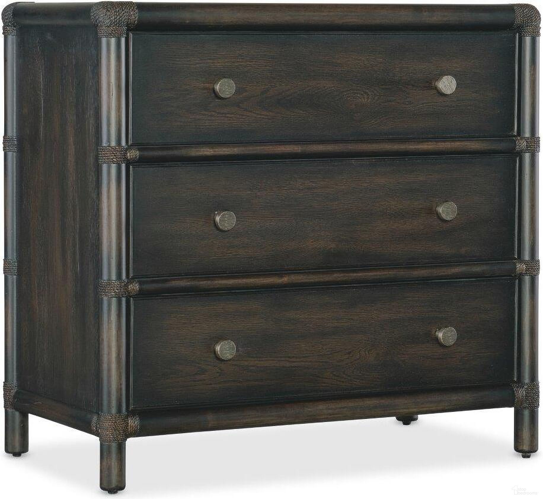 The appearance of Retreat Pole Rattan Nightstand In Dark Wood designed by Hooker in the transitional interior design. This dark wood piece of furniture  was selected by 1StopBedrooms from Retreat Collection to add a touch of cosiness and style into your home. Sku: 6950-90216-99. Material: Oak.