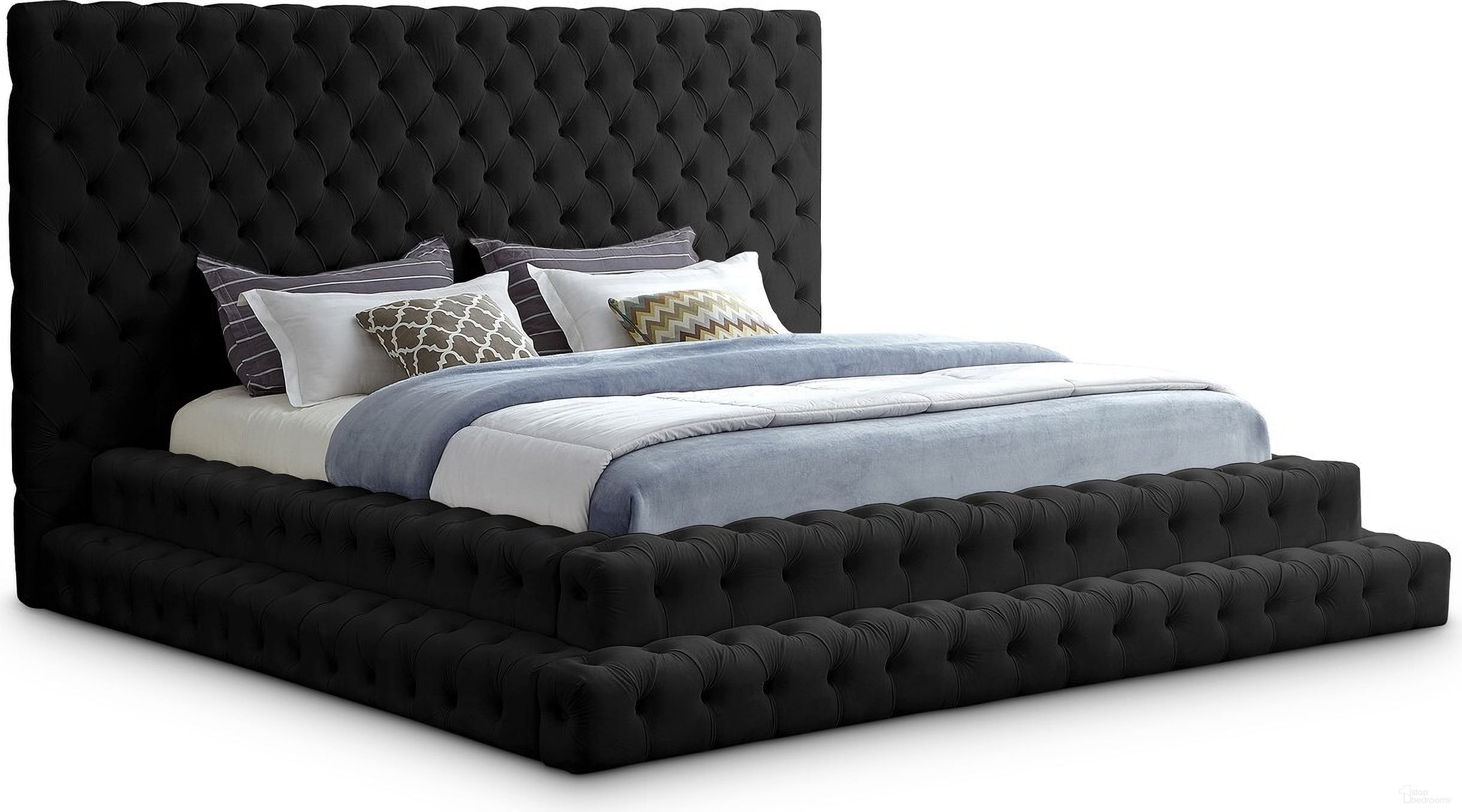 The appearance of Revel Velvet King Bed In Black designed by Meridian in the modern / contemporary interior design. This black piece of furniture  was selected by 1StopBedrooms from Revel Collection to add a touch of cosiness and style into your home. Sku: RevelBlack-K Box 1/3 (Headboard / Slats);RevelBlack-K Box 2/3 (2 Inner Higher Siderails / 1 Inner Higher Siderail/Hardware);RevelBlack-K Box 3/3 (2 Outside Lower Siderails + 1 Outside Lower Sidrail). Bed Type: Panel Bed. Bed Size: King. Material: Velvet.