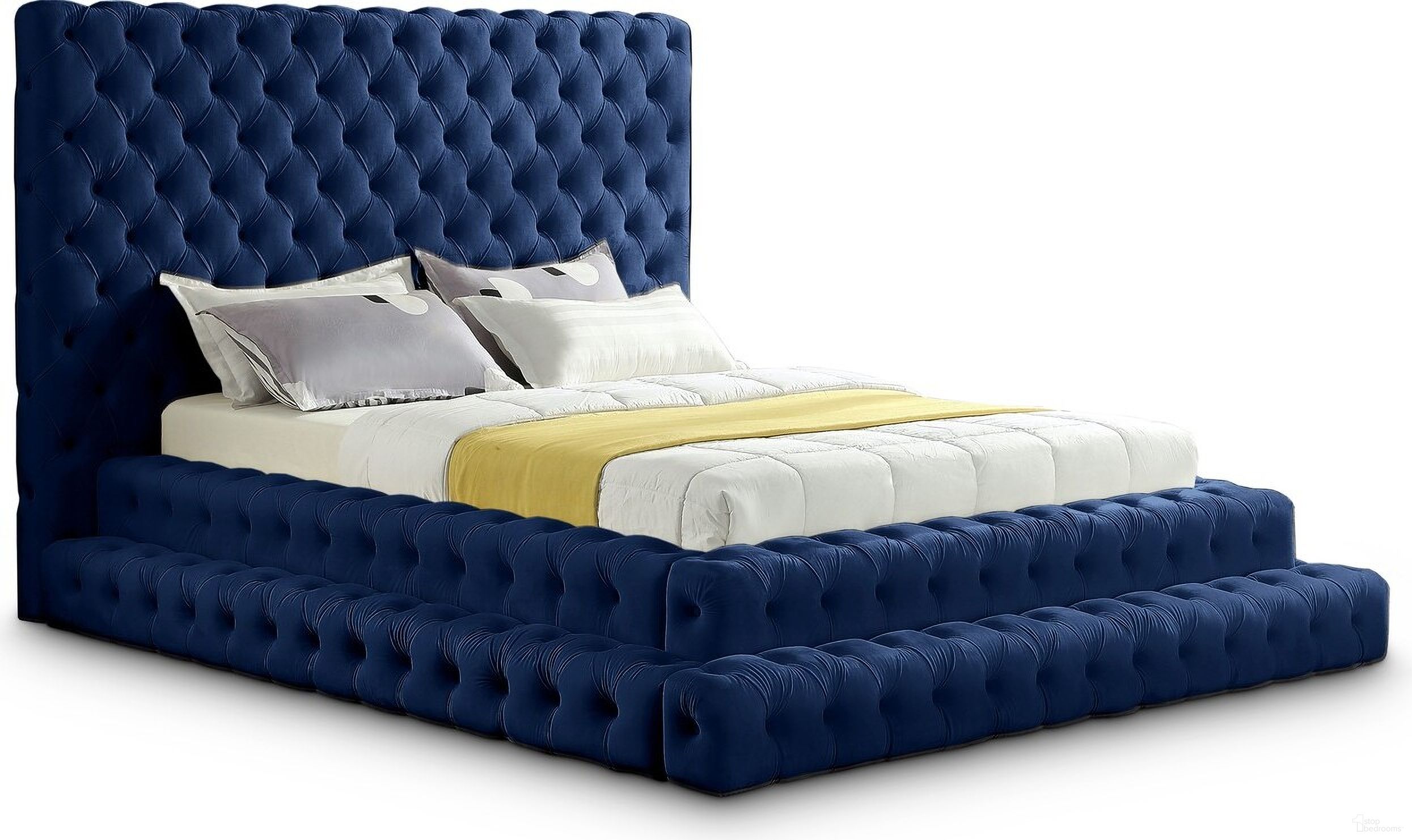 The appearance of Revel Velvet Queen Bed In Navy designed by Meridian in the modern / contemporary interior design. This navy piece of furniture  was selected by 1StopBedrooms from Revel Collection to add a touch of cosiness and style into your home. Sku: RevelNavy-Q Box 1/3 (Headboard / Slats);RevelNavy-Q Box 2/3 (2 Inner Higher Siderails / 1 Inner Higher Siderail/Hardware);RevelNavy-Q Box 3/3 (2 Outside Lower Siderails + 1 Outside Lower Sidrail). Bed Type: Panel Bed. Bed Size: Queen. Material: Velvet.