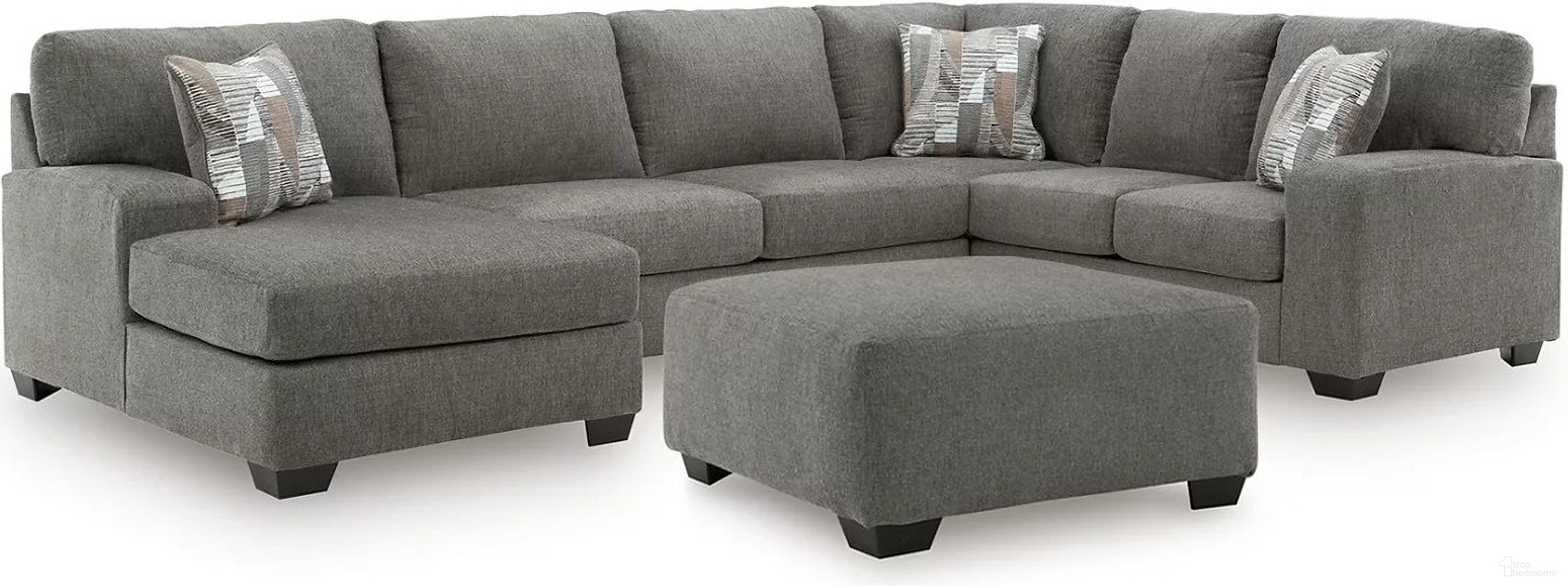 The appearance of Revenna 3-Piece Sectional and Oversized Ottoman In Greystone designed by Signature Design by Ashley in the modern / contemporary interior design. This greystone piece of furniture was selected by 1StopBedrooms from Revenna Collection to add a touch of cosiness and style into your home. Sku: NC4840516;NC4840508;NC4840534;NC4840549. Material: Fabric.