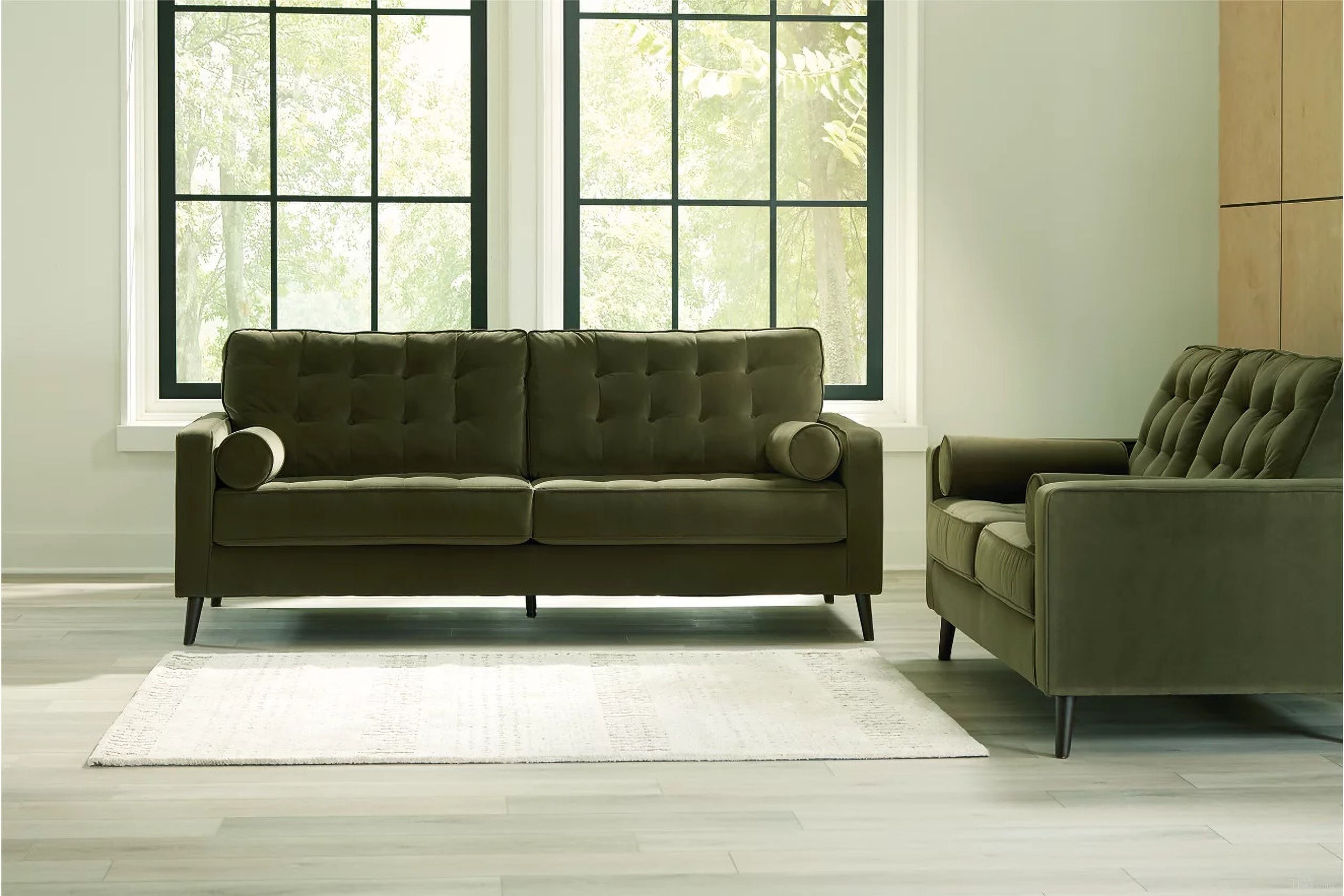 The appearance of Reveon Lakes Living Room Set In Olive designed by Signature Design by Ashley in the modern / contemporary interior design. This olive piece of furniture was selected by 1StopBedrooms from Reveon Lakes Collection to add a touch of cosiness and style into your home. Sku: 2640435;2640438. Material: Velvet.