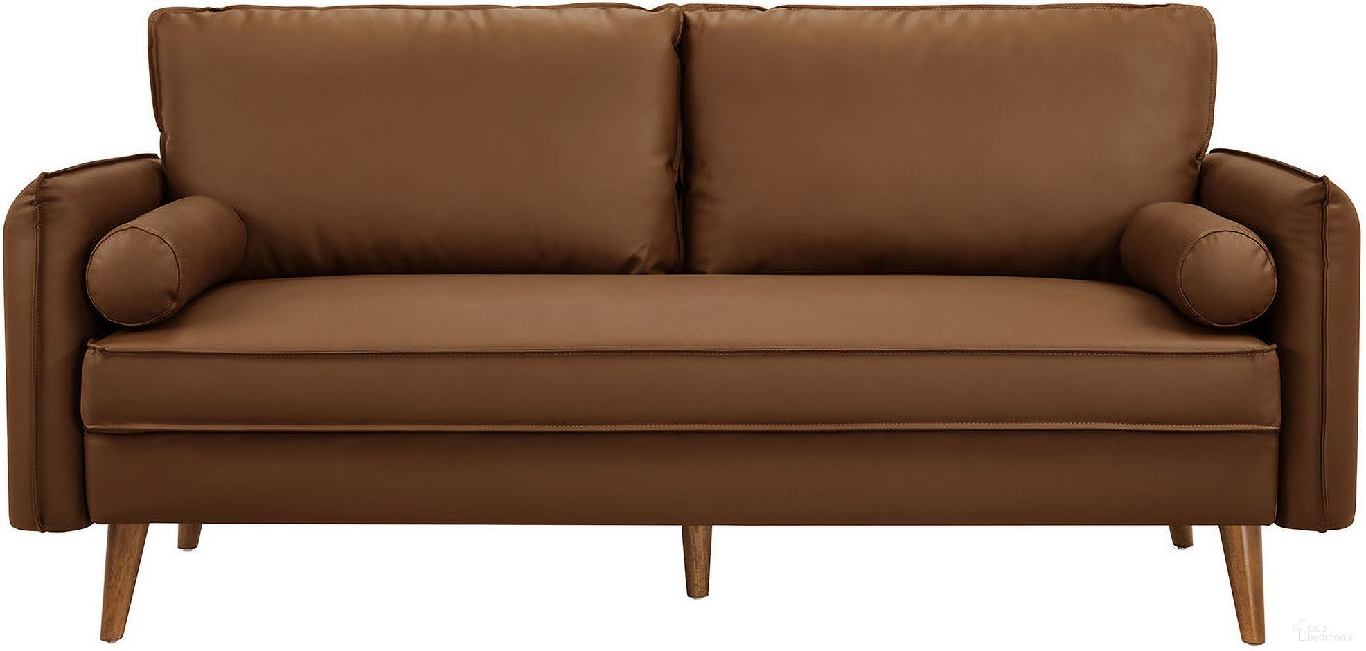 The appearance of Revive Upholstered Vegan Leather Sofa In Brown designed by Modway in the modern / contemporary interior design. This brown piece of furniture  was selected by 1StopBedrooms from Revive Collection to add a touch of cosiness and style into your home. Sku: EEI-6975-BRN. Material: Leather.