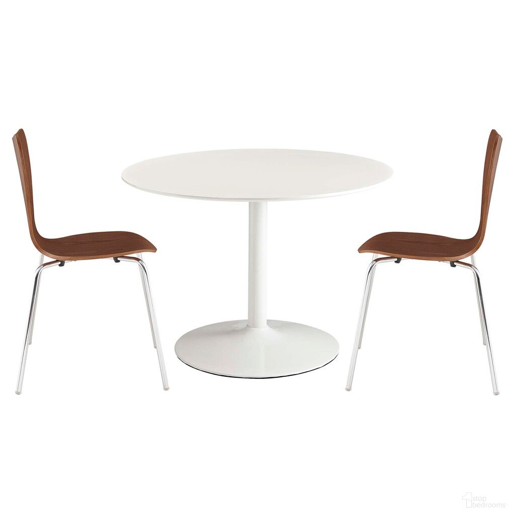 The appearance of Revolve 3 Piece Dining Set In Walnut White designed by Modway in the transitional interior design. This walnut white piece of furniture was selected by 1StopBedrooms from Revolve Collection to add a touch of cosiness and style into your home. Sku: EEI-537-WAL-A;EEI-785-WHI-BASE;EEI-785-WHI-TOP;EEI-537-WAL-A. Table Base Style: Pedestal. Table Top Shape: Round. Material: Engineered Wood. Size: 46".